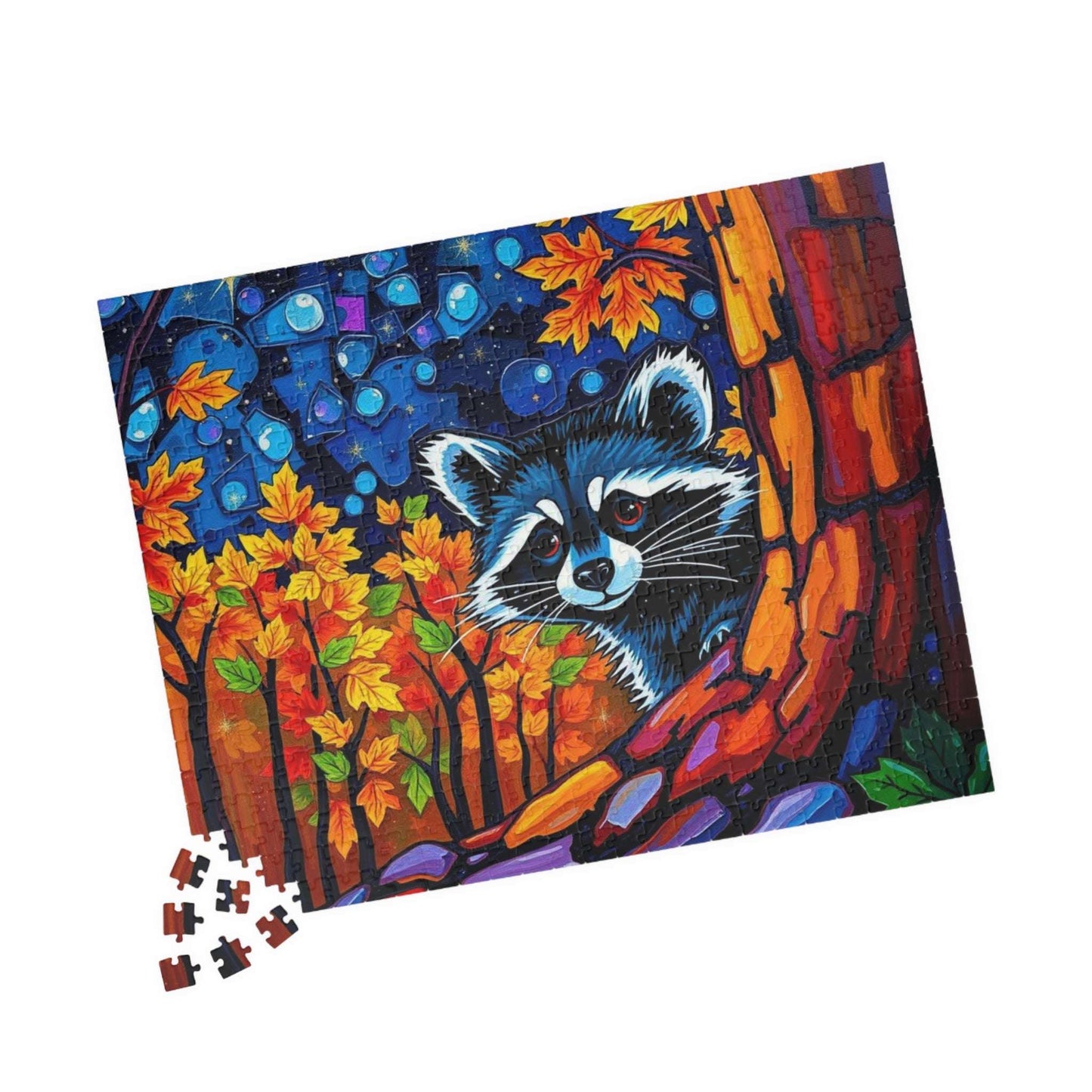 Autumn Nightscape Raccoon Puzzle, Colorful Nature Jigsaw for Solo or Family Fun, Birthday Gift for Animal Lover, Cozy Night In Entertainment