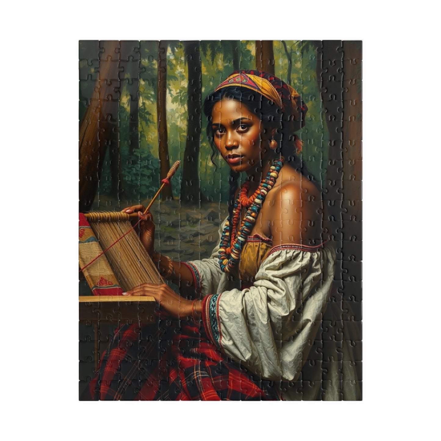 Puzzle of Indigenous Woman Weaving on a Loom in Nature, Cultural Ethnic Art Forest Scene, Family Friendly Jigsaw Game, Puzzle Lover Gift 252 pcs (Vertical) Puzzle The Puzzle Chest