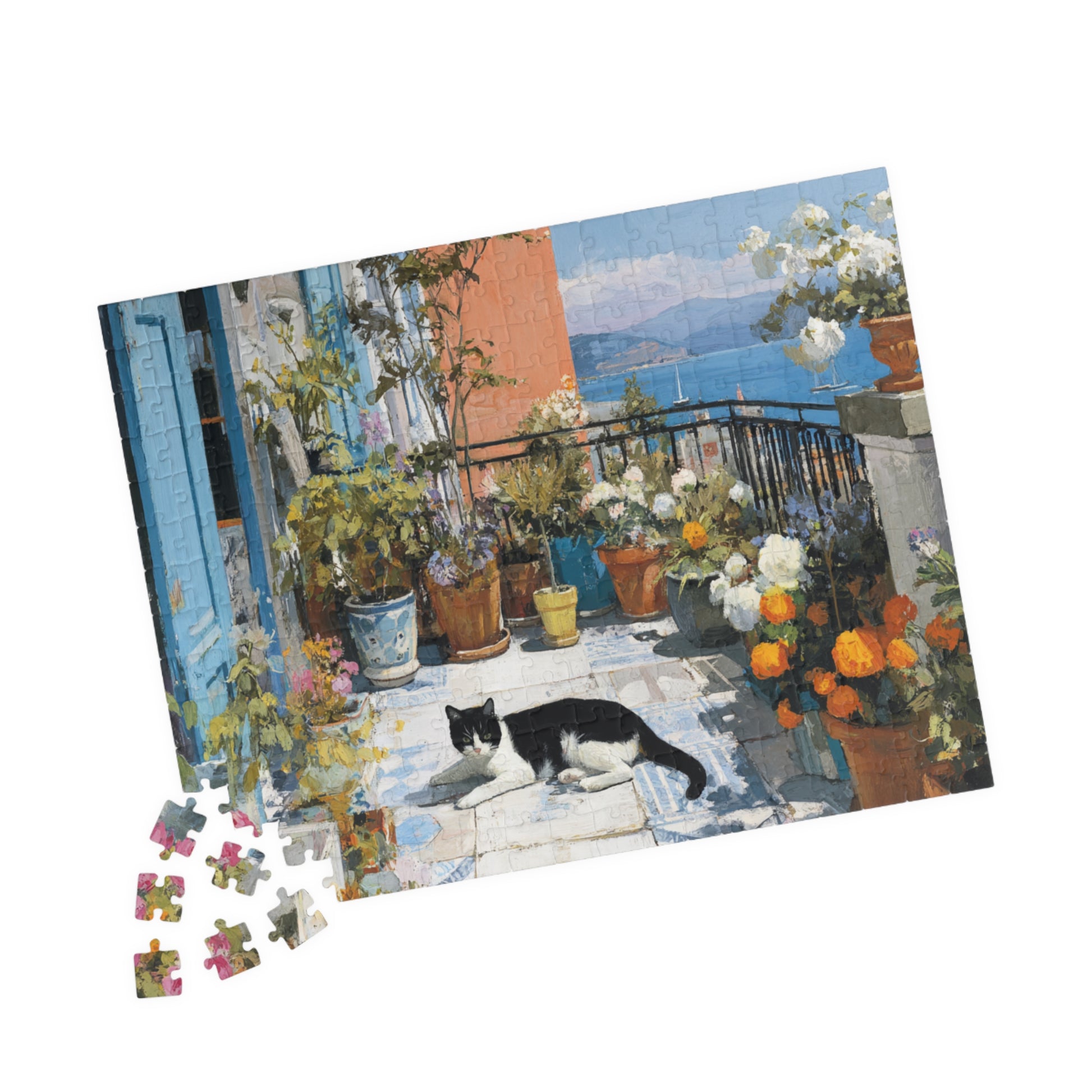 Cat on the Flower Balcony – Seaside Fauvist Jigsaw Puzzle, Animal Theme Kitten Puzzle 252 pcs (Horizontal) Puzzle The Puzzle Chest