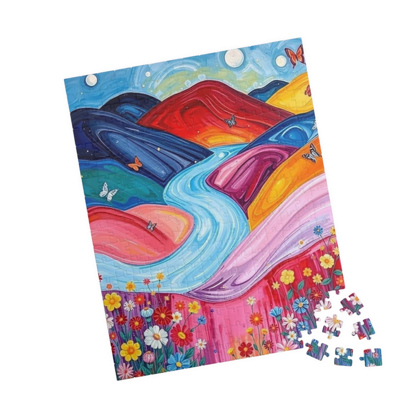 Pastel Petals - River Through Candy Hill Jigsaw Puzzle Colleciton, Beautiful Nature Puzzle, Colorful Landscape Art, Puzzle Lover Gift, Family Fun, 110/252/520/1014 Puzzle The Puzzle Chest