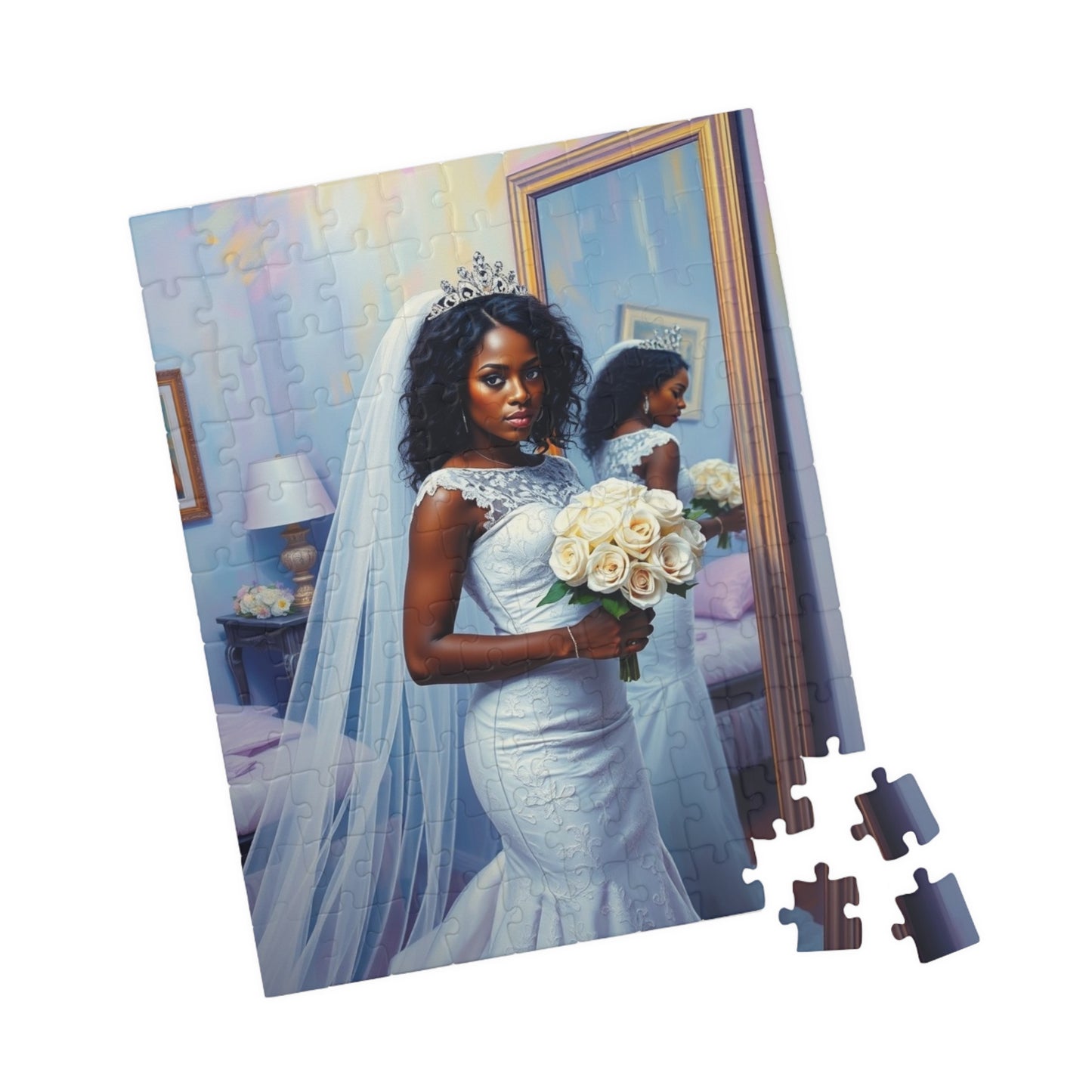African American Bride Puzzle, White Lace Gown and Tiara, Black Woman Wedding Day Reflection Jigsaw Game Puzzle The Puzzle Chest
