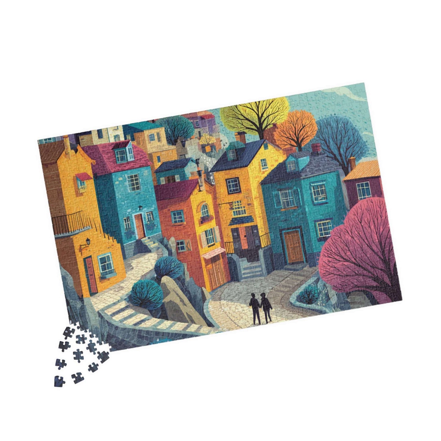 Bright Cheerful Town Jigsaw Puzzle – Artistic Houses, Winding Path, and Whimsical Neighborhood Landscape 1014 pcs (Horizontal) Puzzle The Puzzle Chest