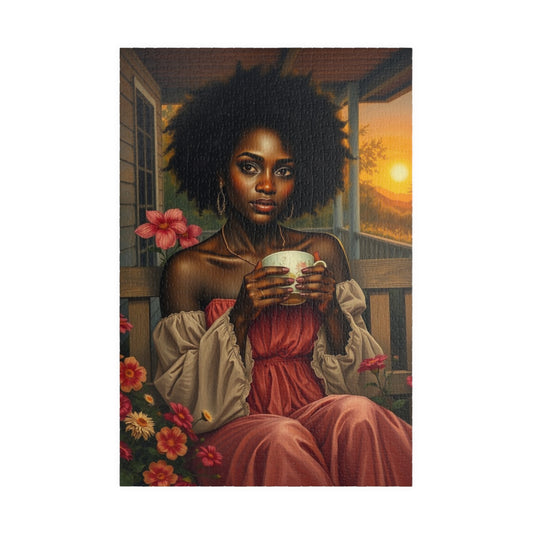 Tranquil Moment Black Art Jigsaw Puzzle, Afrocentric Artwork, Beautiful Black Woman with Coffee, African American Gift Puzzle Lover Hobbyist 1014 pcs (Vertical) Puzzle The Puzzle Chest