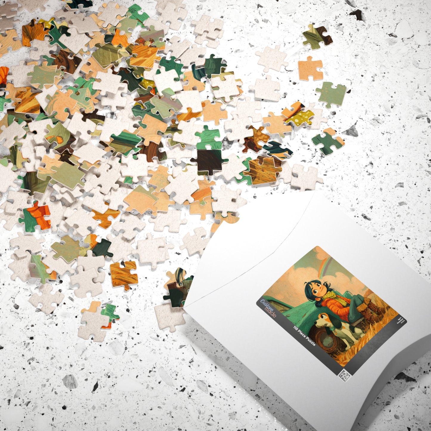 Cheerful Country Girl Jigsaw Puzzle – Whimsical Cartoon Truck, Dog and Rainbow Countryside Scene Puzzle The Puzzle Chest