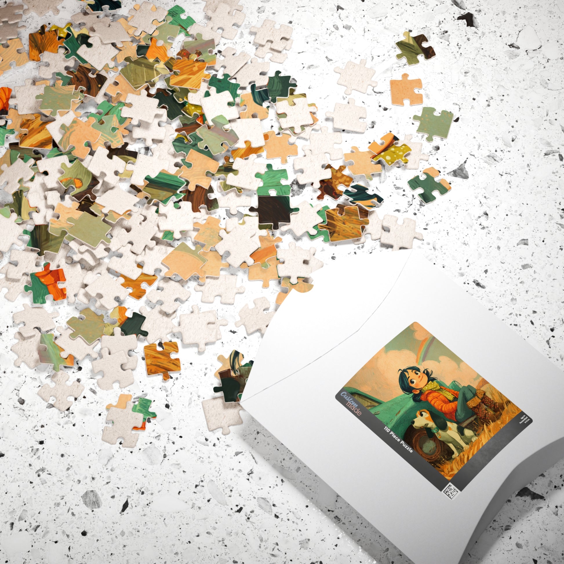 Cheerful Country Girl Jigsaw Puzzle – Whimsical Cartoon Truck, Dog and Rainbow Countryside Scene Puzzle The Puzzle Chest