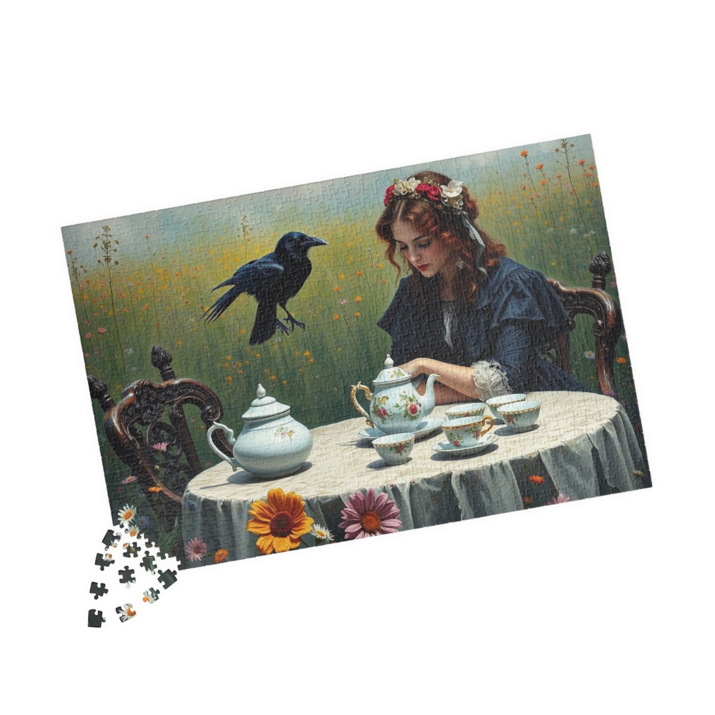 Melancholy Tea Party Jigsaw Puzzle, Victorian Woman and Raven, Gothic Art Print, Dark Fantasy Puzzle Lover Gift, Brain Teaser, Tabletop Game Puzzle The Puzzle Chest