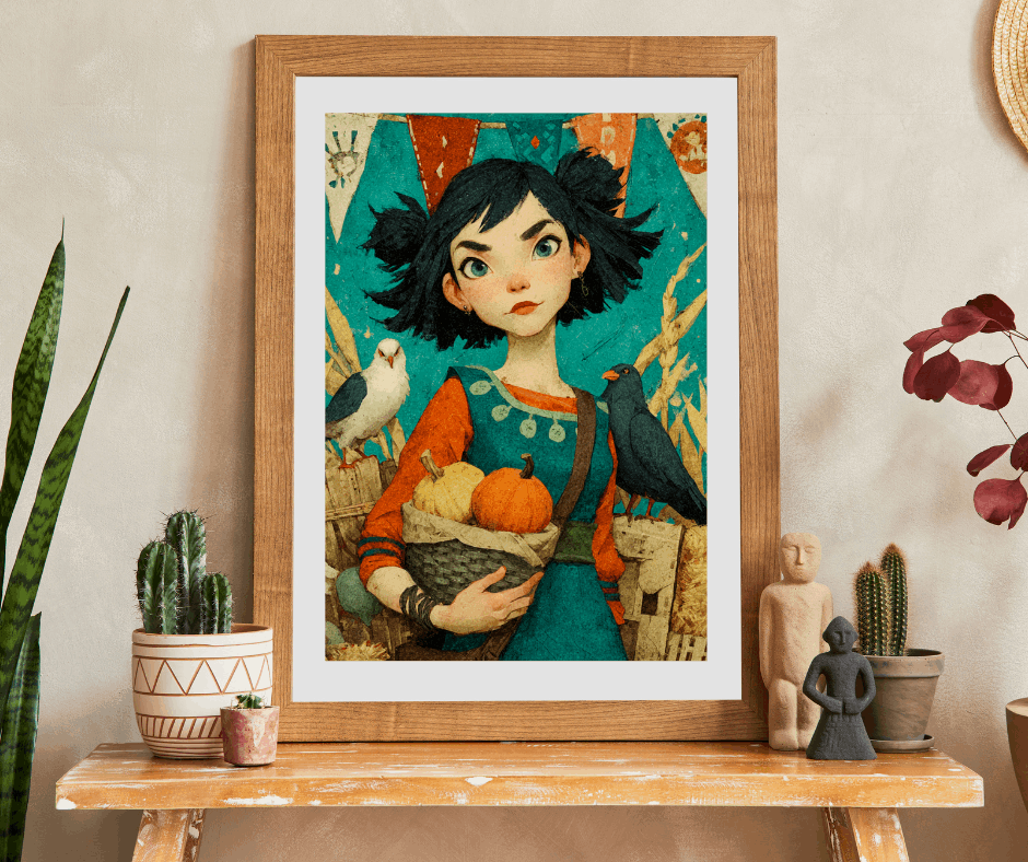 Whimsical Harvest Festival Jigsaw Puzzle - Asian Girl Fairy-Tale Autumn Scene with Doves, Gourds, Hay Bales, Crates, and Festive Banners Puzzle The Puzzle Chest