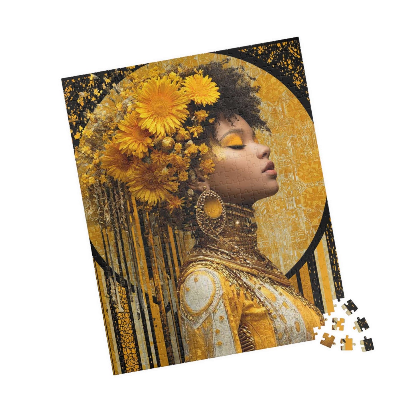 Elegant Afrocentric Jigsaw Puzzle - Melanin African American Queen in Gold Jewelry and Flower Crown 520 pcs (Vertical) Puzzle The Puzzle Chest