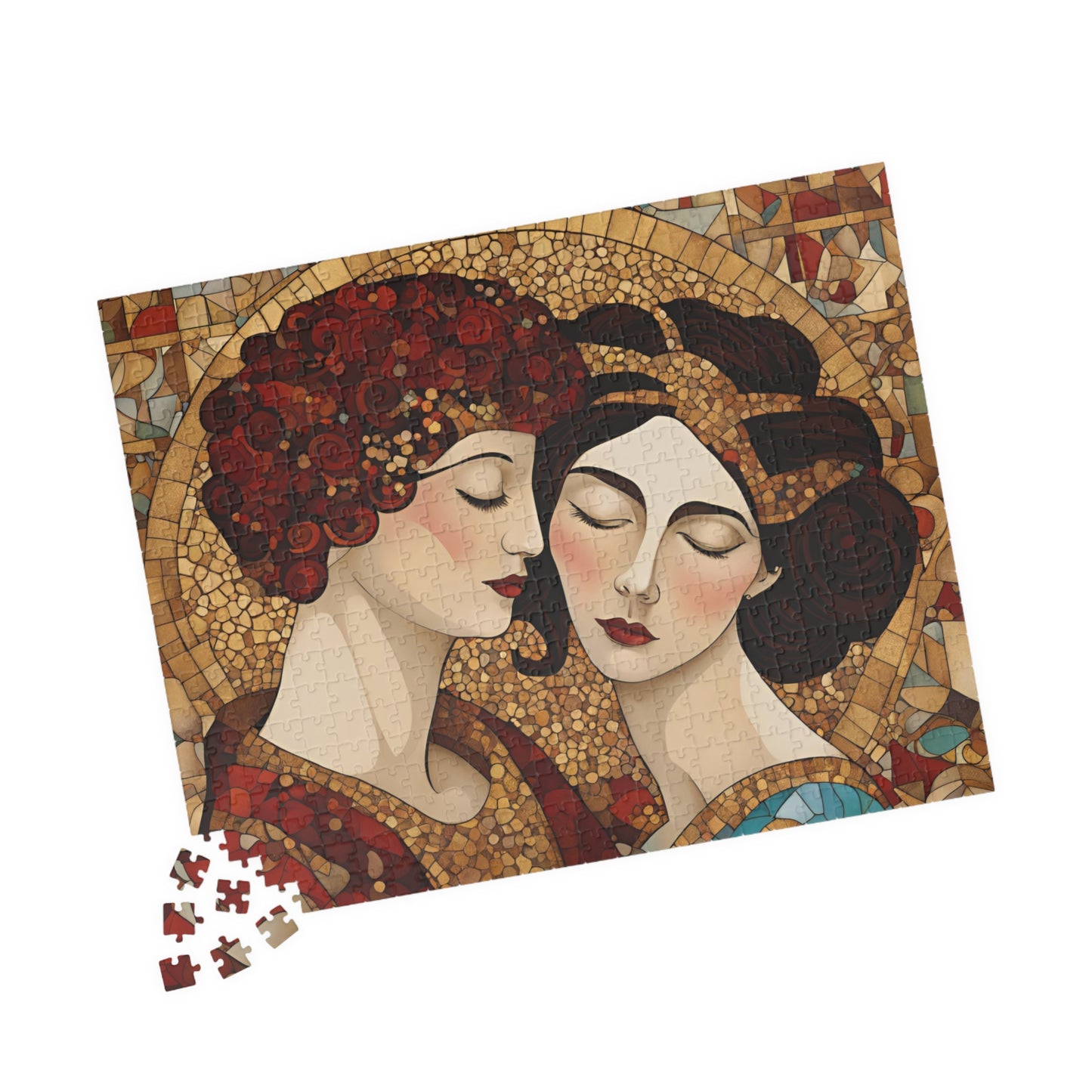 The Kiss Mosaic Jigsaw Puzzle, Klimt-inspired, Gold Accents Floral & Geometric Shapes Entwined Figures, Art Lover Gift Puzzle Enthusiast Puzzle The Puzzle Chest
