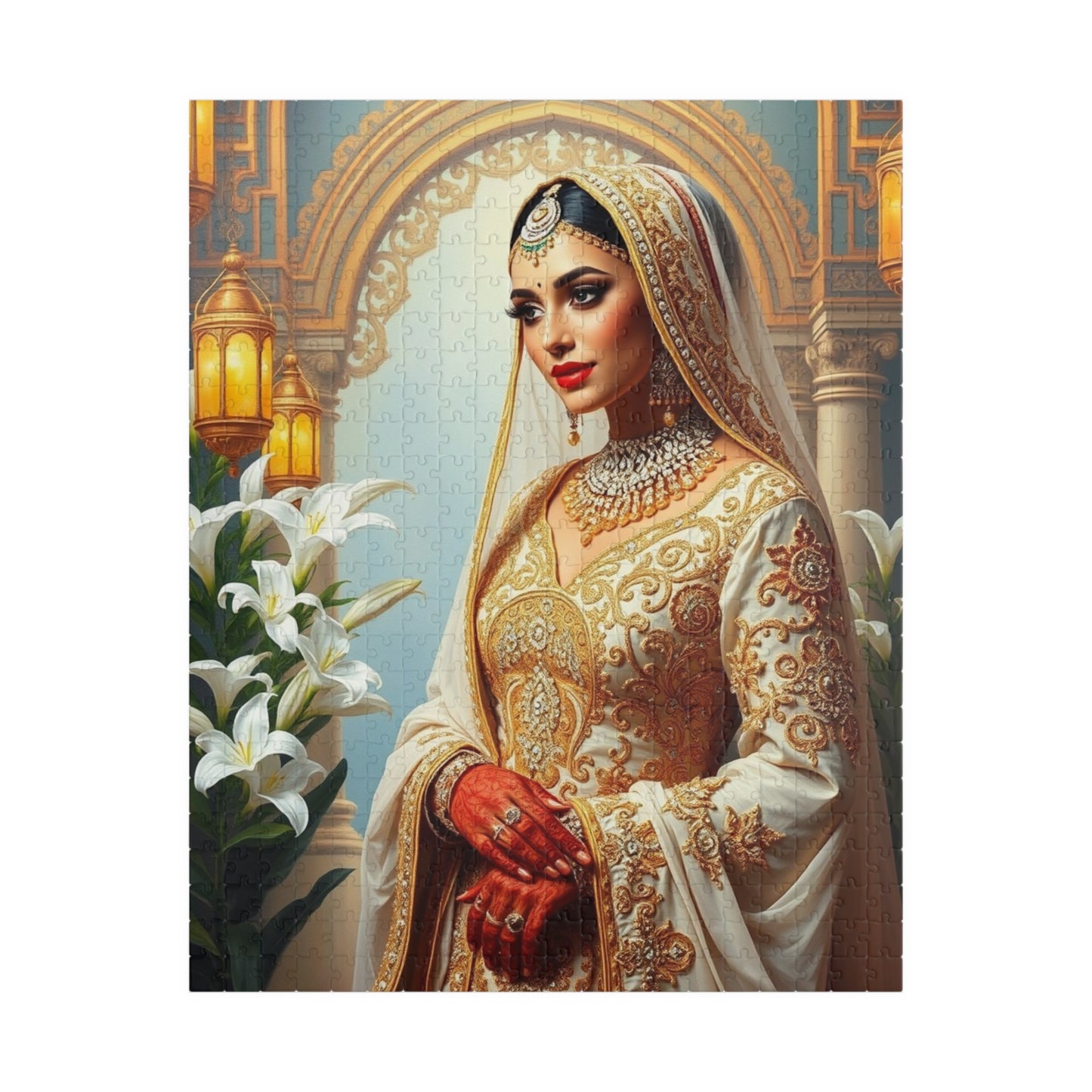 Middle Eastern Bride Puzzle with Gold Ivory Kaftan and Lanterns, Family Friendly Wedding Jigsaw Game, Mindful Activity, Puzzle Lover Gift 520 pcs (Vertical) Puzzle The Puzzle Chest