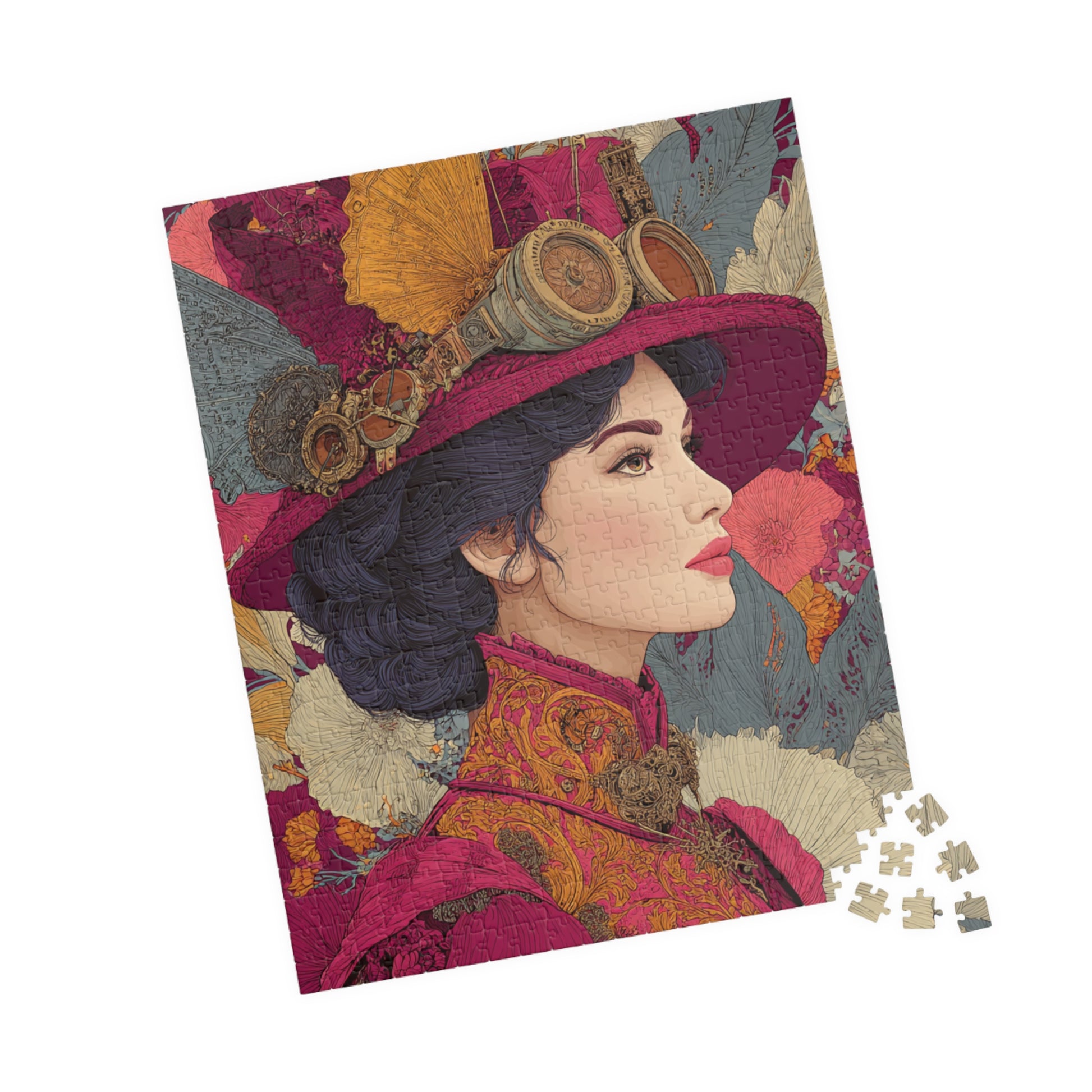 Vibrant Steampunk Lady Jigsaw Puzzle – Artistic Floral Background and Vintage Gear Hat 520 pcs (Vertical) Puzzle The Puzzle Chest