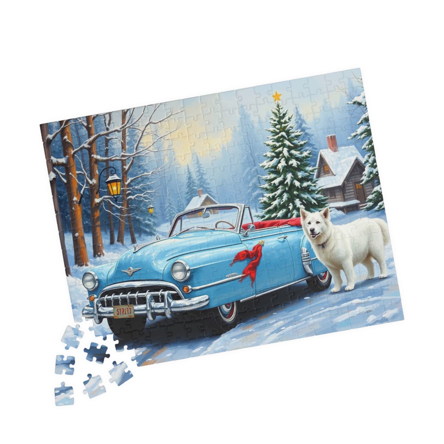 Evergreen Lane Jigsaw Puzzle - Vintage Car and Dog Scene, Holiday Gift for Friends, Family Activity, Christmas Cozy Indoor Fun Art Piece Puzzle The Puzzle Chest