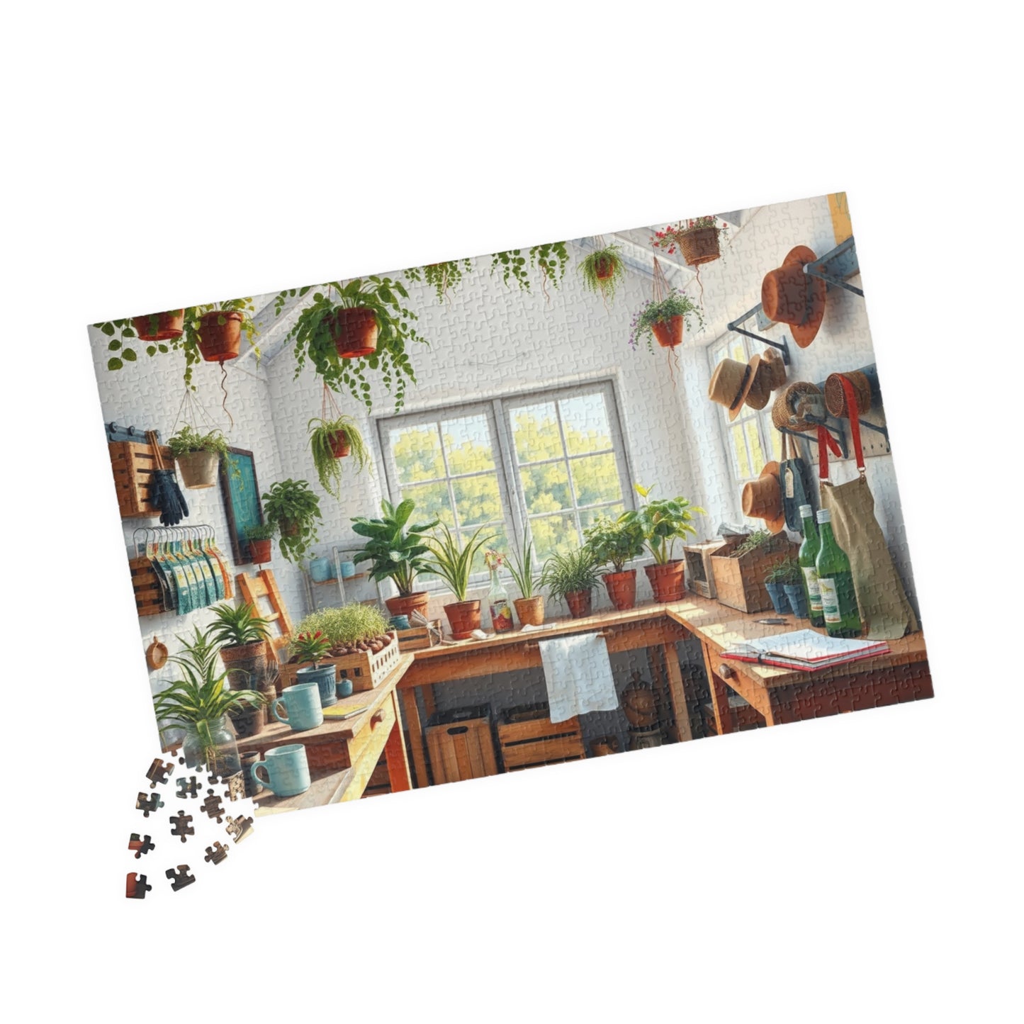 Bright Airy Garden Workshop Puzzle Featuring Wooden Crates, Hanging Plants and Whitewashed Walls, Gardening Lovers Jigsaw Game, Mindful Gift Puzzle The Puzzle Chest