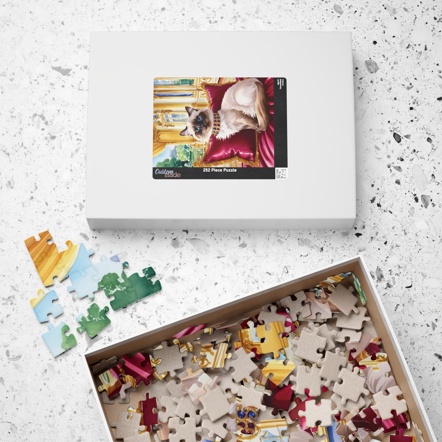 Jigsaw Puzzle - Siamese Cat with Jeweled Collar, Opulent Palace Room, Animal Puzzle, Relaxing Cat Puzzle, Silk Pillow Puzzle, Cat Lover Gift Puzzle The Puzzle Chest