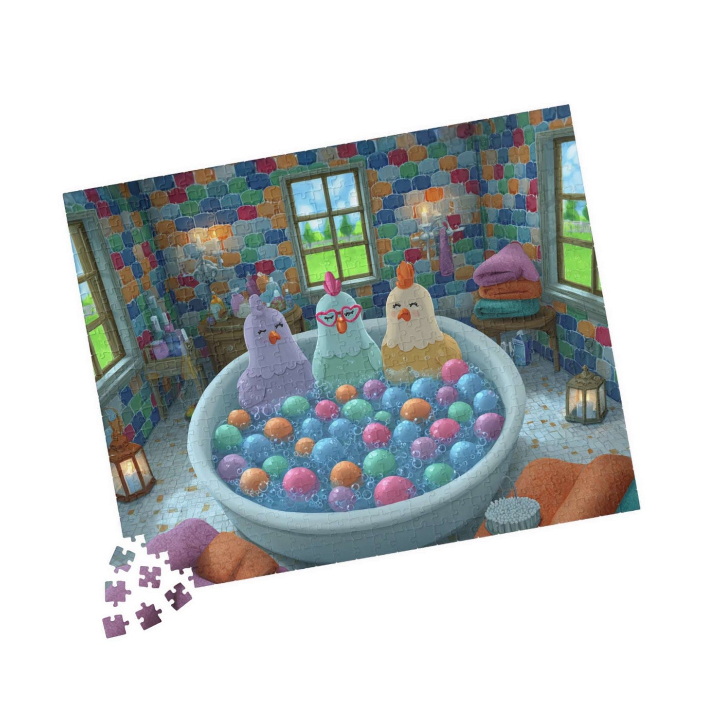 Pastel Chicken Bathhouse Jigsaw Puzzle – Adorable Fairy Tale Chickens Soaking in Rainbow Bubble Tub 520 pcs (Horizontal) Puzzle The Puzzle Chest