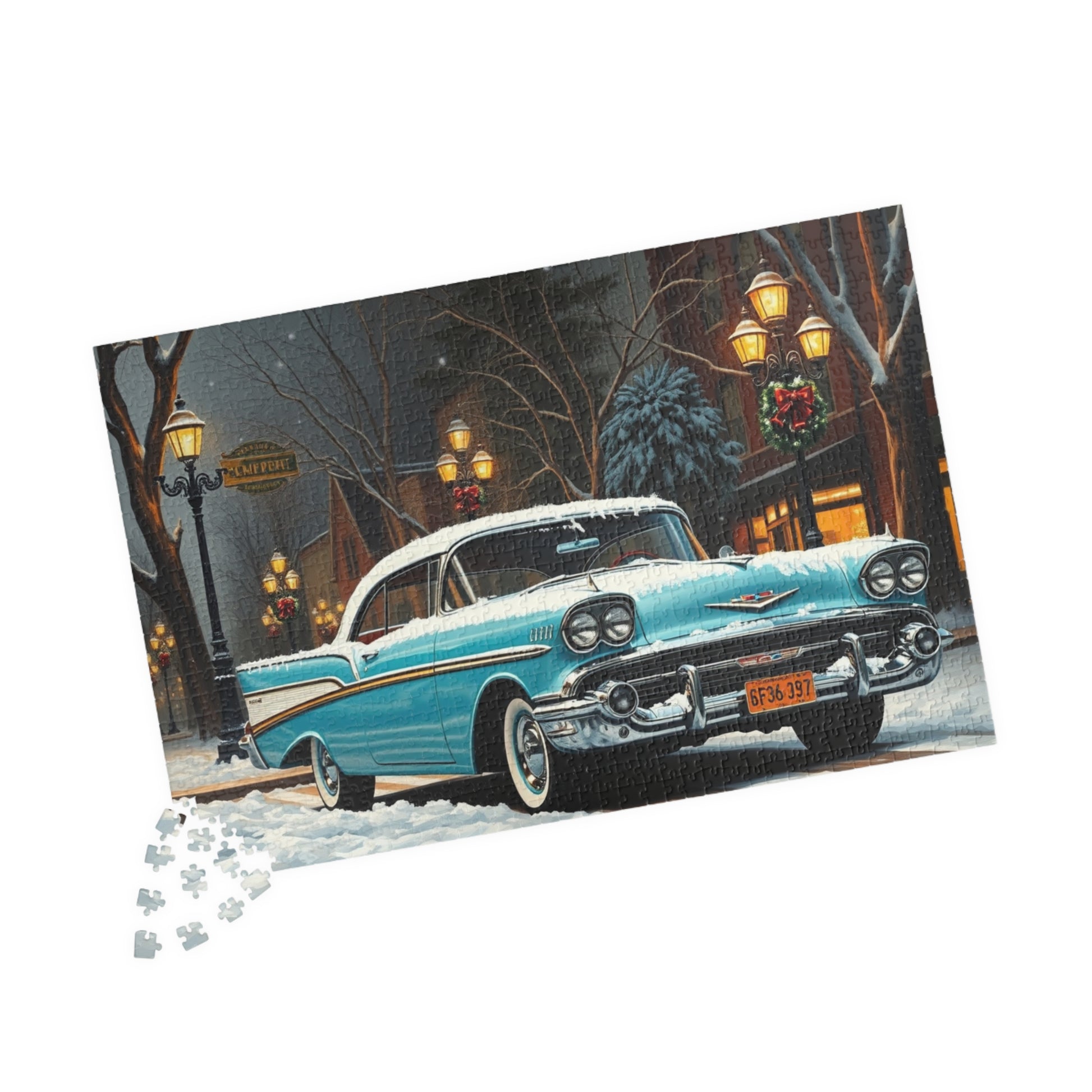 Vintage Car Puzzle - Winter Scene, Retro Classic Vehicle 1957 Bel Air Jigsaw Game Puzzle The Puzzle Chest