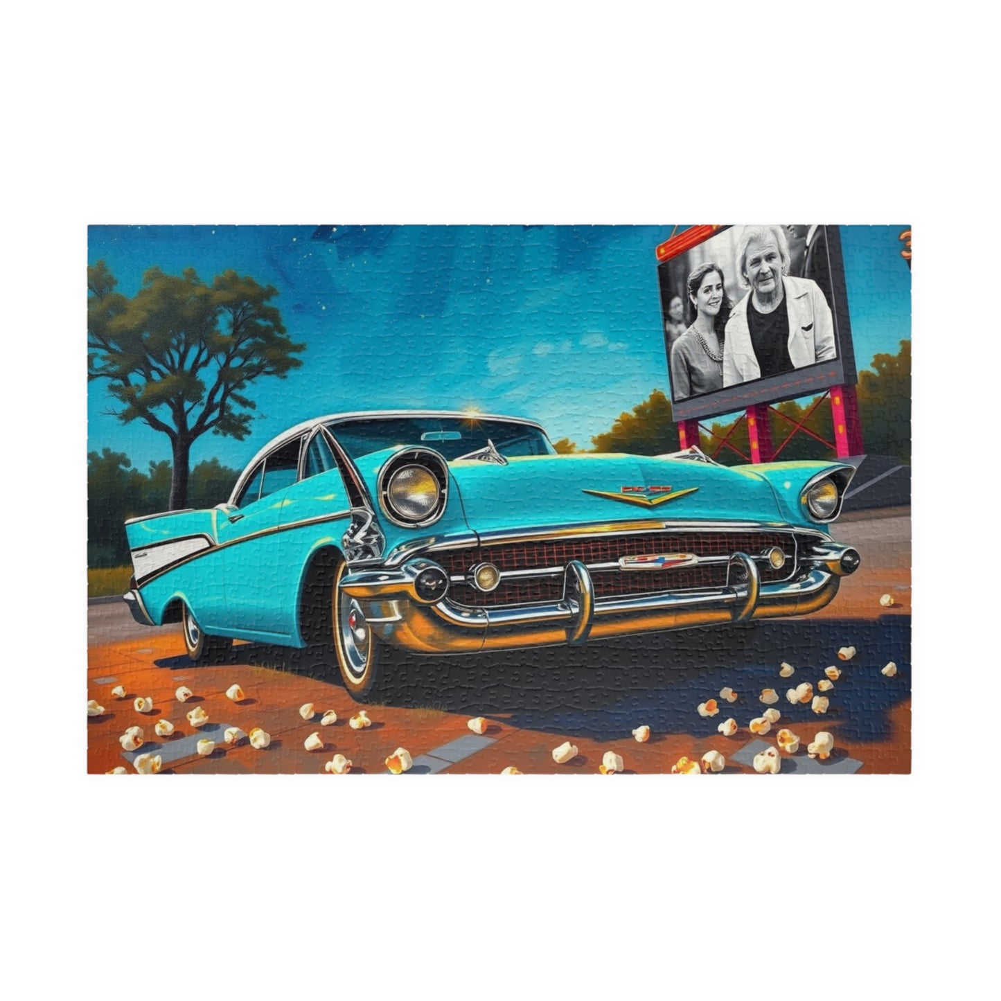 Nostalgic 1950s Car Puzzle, Turquoise Bel Air at Neon-Lit Drive-In, Classic American Car Enthusiast, Best Gift for Him, Mindfulness 1014 pcs (Horizontal) Puzzle The Puzzle Chest
