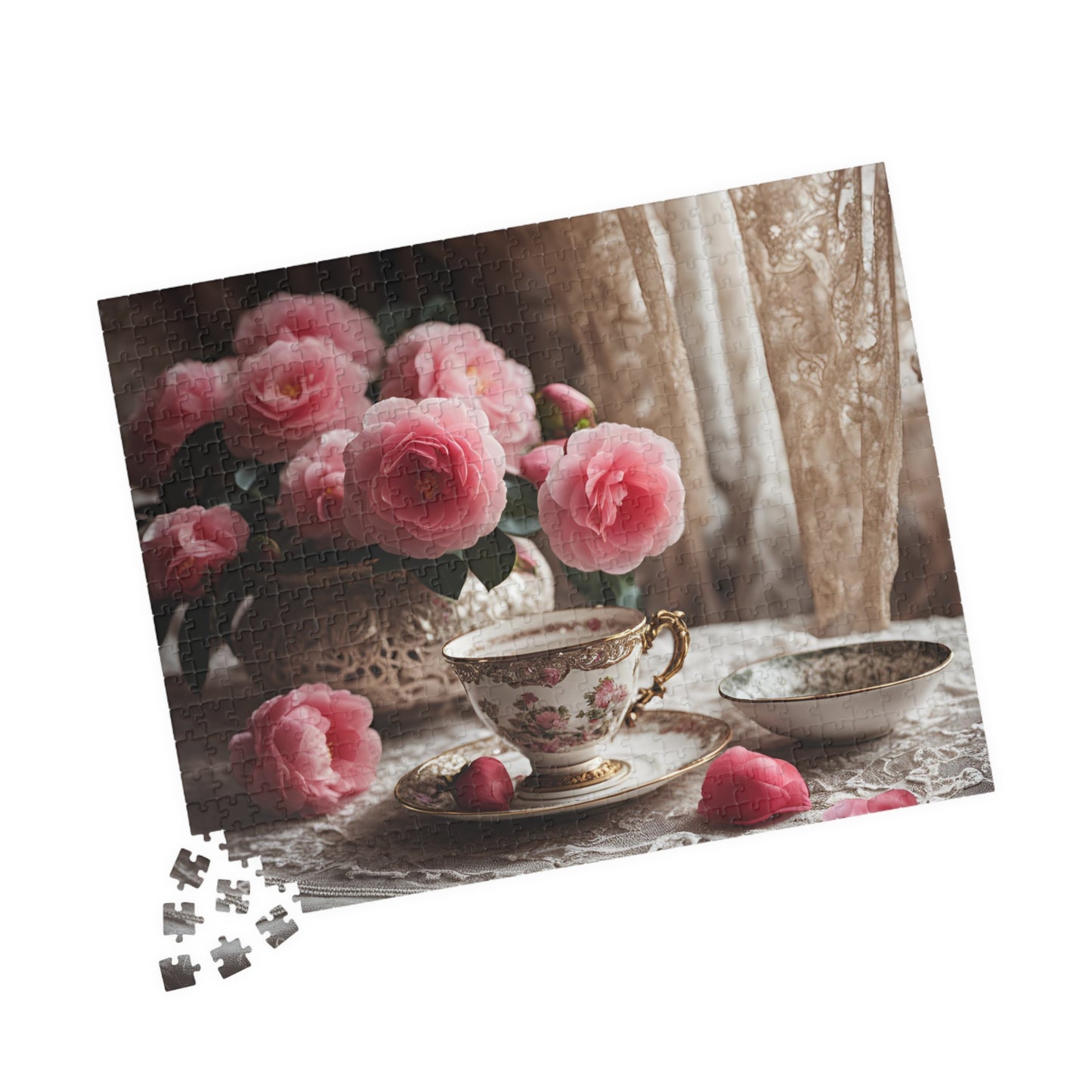 Jigsaw Puzzle, Teatime Vintage Image with Teacup and Carnations, Adult Tabletop Game, Brain Teaser, Creative Pastime, Gift for Puzzle Lover Puzzle The Puzzle Chest