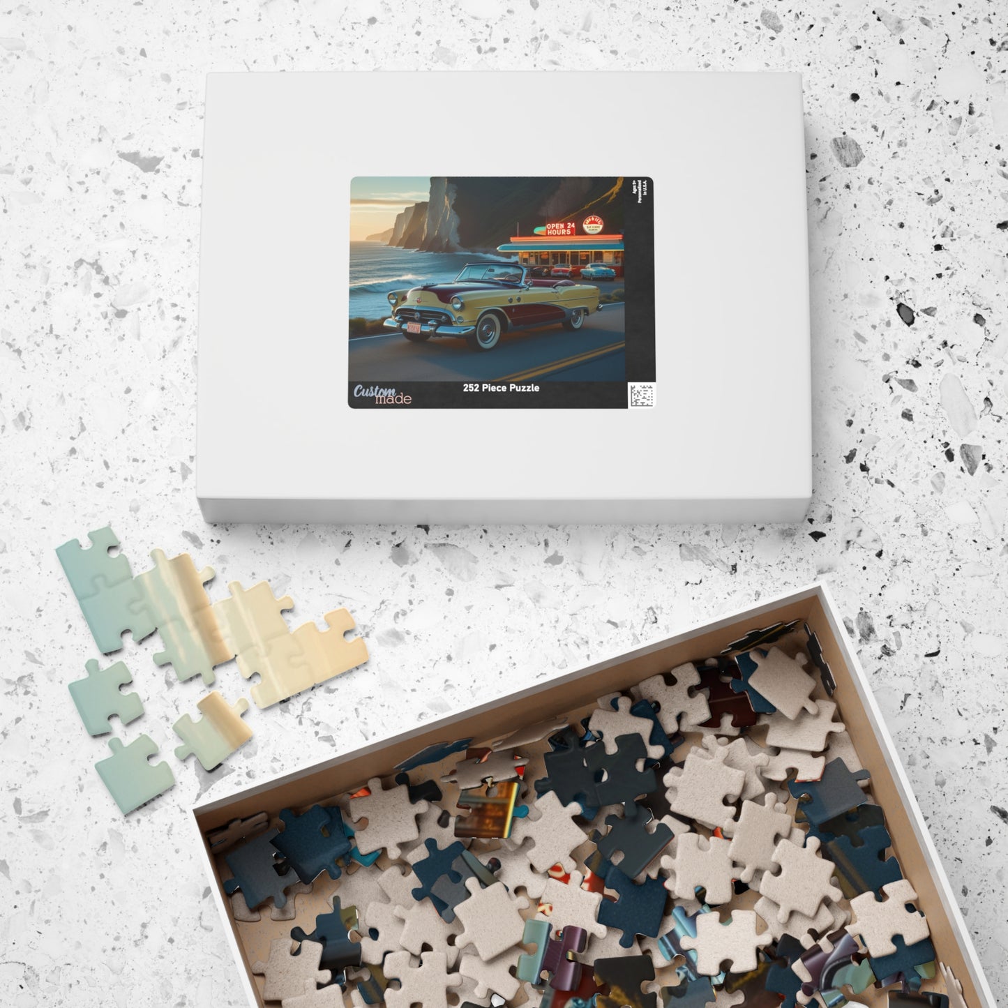 Retro Car Puzzle - Classic 1954 98 Starfire Convertible, Vintage Coastal Scene, Family Game Night, Best Gift for Retro Car Lover Puzzle The Puzzle Chest