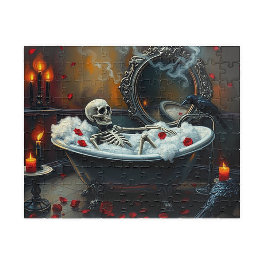 Creepy Cute Skeleton Bubblebath Puzzle, Skeleton Relaxing in Clawfoot Tub with Raven and Roses, Halloween Jigsaw for Spooky Puzzle Lovers 110 pcs (Horizontal) Puzzle The Puzzle Chest