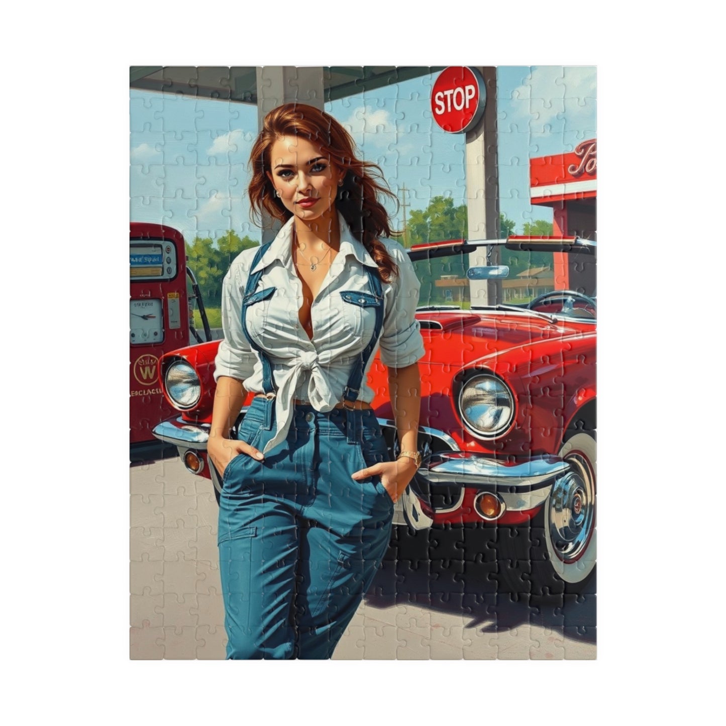 Puzzle, Vintage Mechanic Woman and Red Convertible, Jigsaw Game for Adults, Classic Car Puzzle, Retro Gas Station Image, Brain Teaser Gift 252 pcs (Vertical) Puzzle The Puzzle Chest
