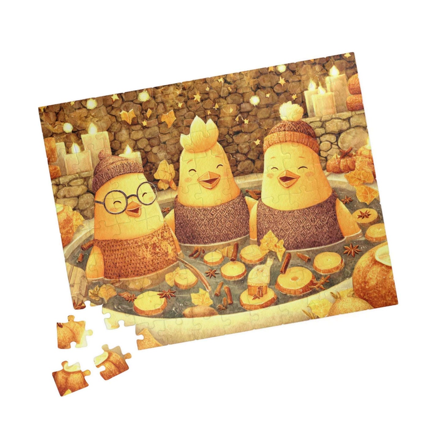 Pumpkin Spice Spa Chickens Puzzle – Cozy Fall Fairy-Tale Jigsaw, Autumn Fun Family Game, Cute Chick Characters 110 pcs (Horizontal) Puzzle The Puzzle Chest