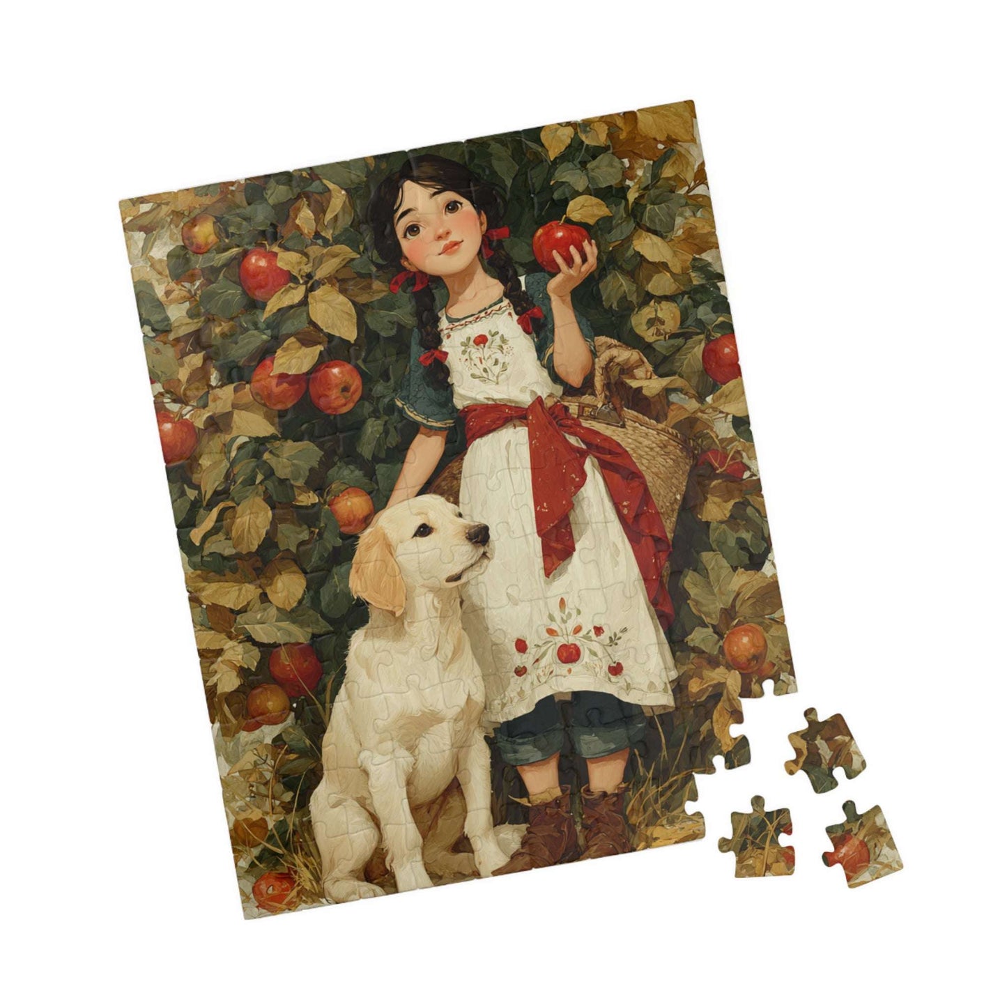 Autumn Orchard Jigsaw Puzzle - Brunette Girl and Dog, Apple Picking Game for Family Night or Solo Fun, Gift, Brain Teaser 110 pcs (Vertical) Puzzle The Puzzle Chest