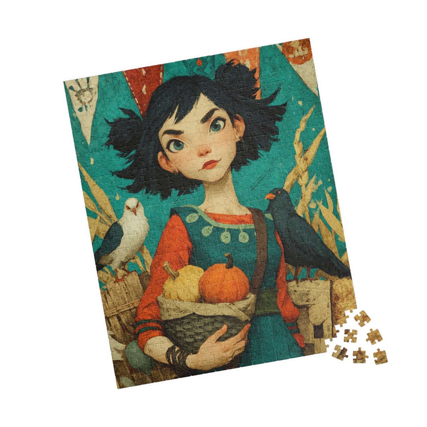 Whimsical Harvest Festival Jigsaw Puzzle - Asian Girl Fairy-Tale Autumn Scene with Doves, Gourds, Hay Bales, Crates, and Festive Banners 520 pcs (Vertical) Puzzle The Puzzle Chest