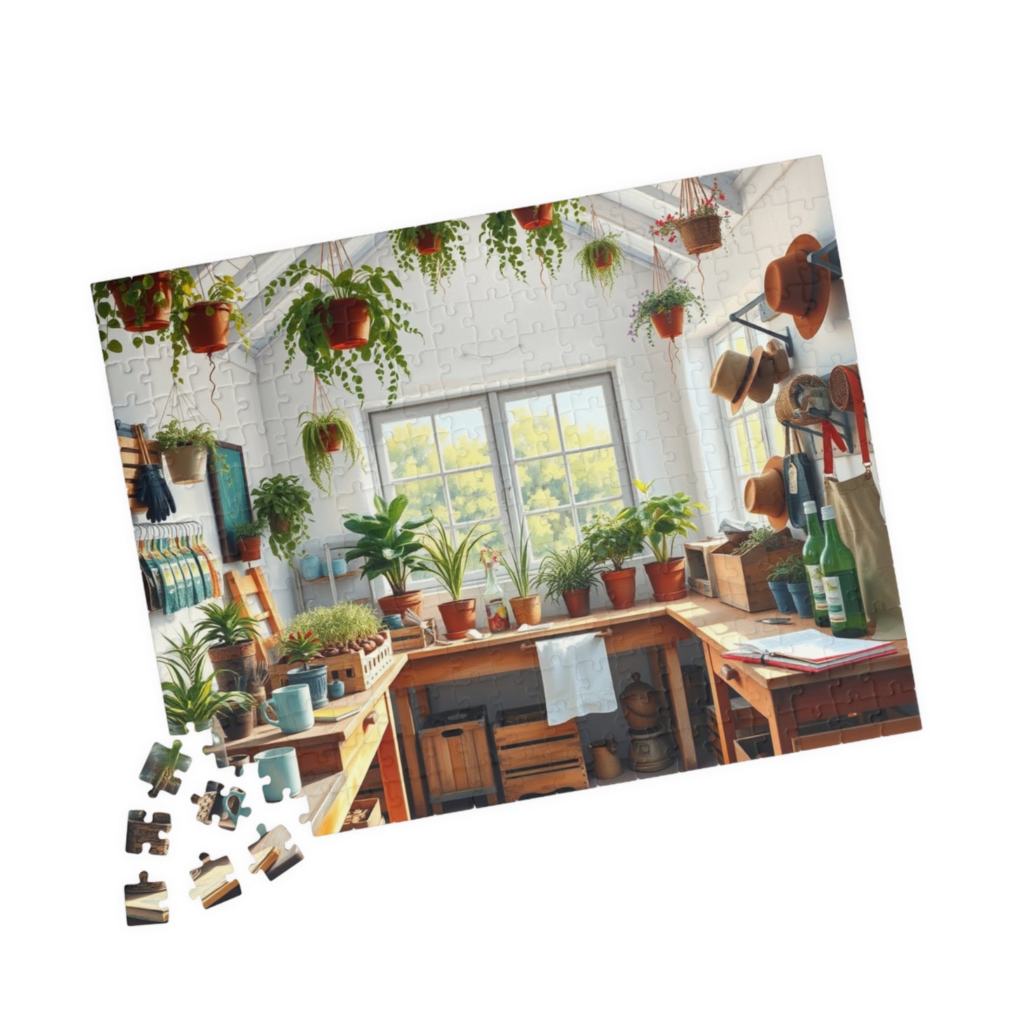 Bright Airy Garden Workshop Puzzle Featuring Wooden Crates, Hanging Plants and Whitewashed Walls, Gardening Lovers Jigsaw Game, Mindful Gift Puzzle The Puzzle Chest