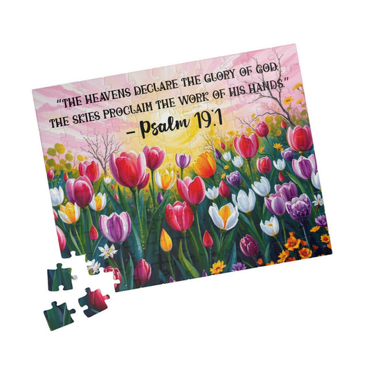 Glory of Creation Jigsaw Puzzle - Sunrise Tulips, Floral Christian Nature Theme, Biblical Quote Psalm 19:1, Inspirational Faith Based Game, Religious Gift Idea 110 pcs (Horizontal) Puzzle The Puzzle Chest