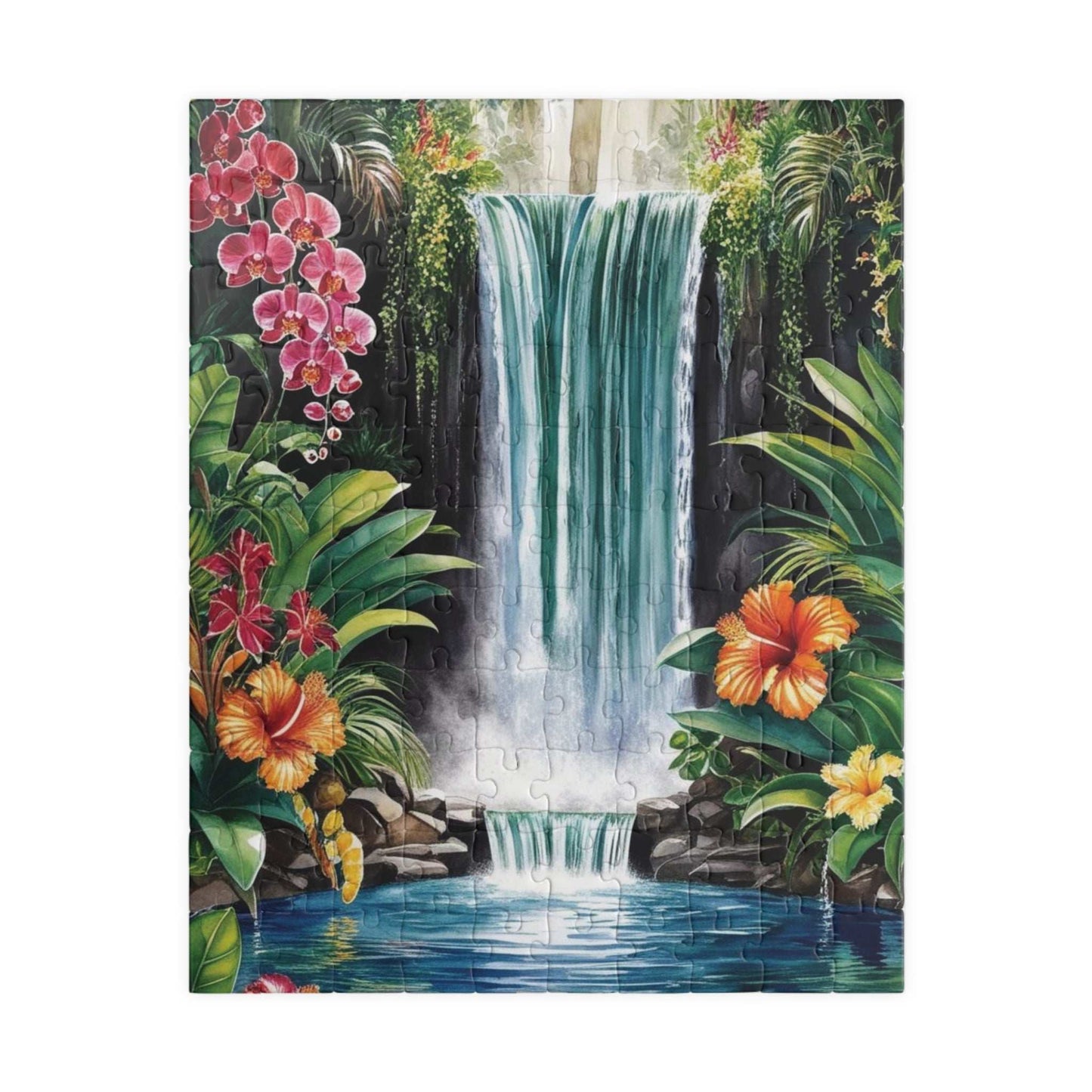 Tropical Waterfall Puzzle, Exotic Flowers Jigsaw Game Night Family Activity, Jungle Landscape Scene, Relaxing Brain Teaser for Puzzle Lover 110 pcs (Vertical) Puzzle The Puzzle Chest