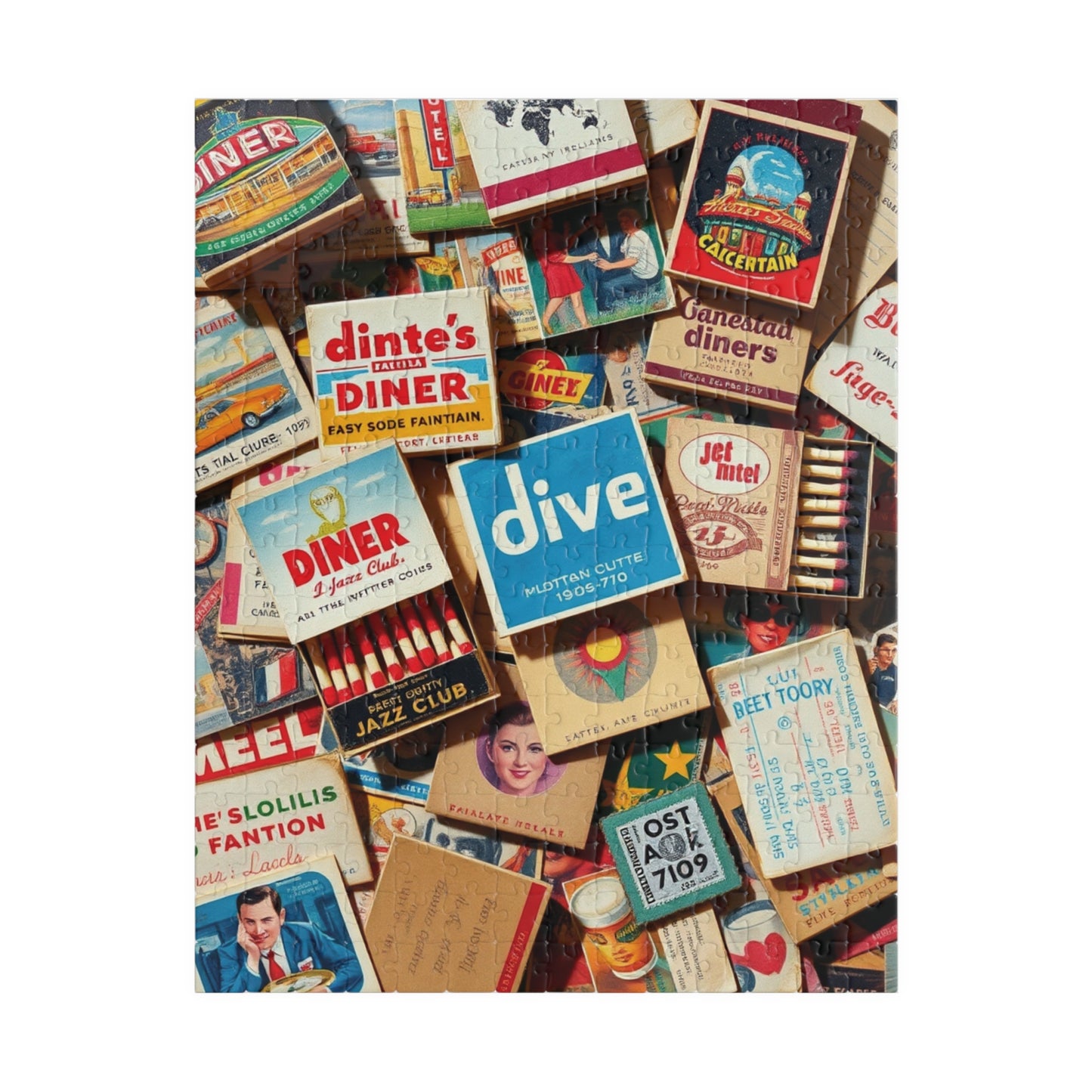 Vintage Matchbook Collage Jigsaw Puzzle, Retro Americana Memorabilia, Old Matchboxes Postcards and Receipts, Mid-Century Diner Motel Designs 252 pcs (Vertical) Puzzle The Puzzle Chest