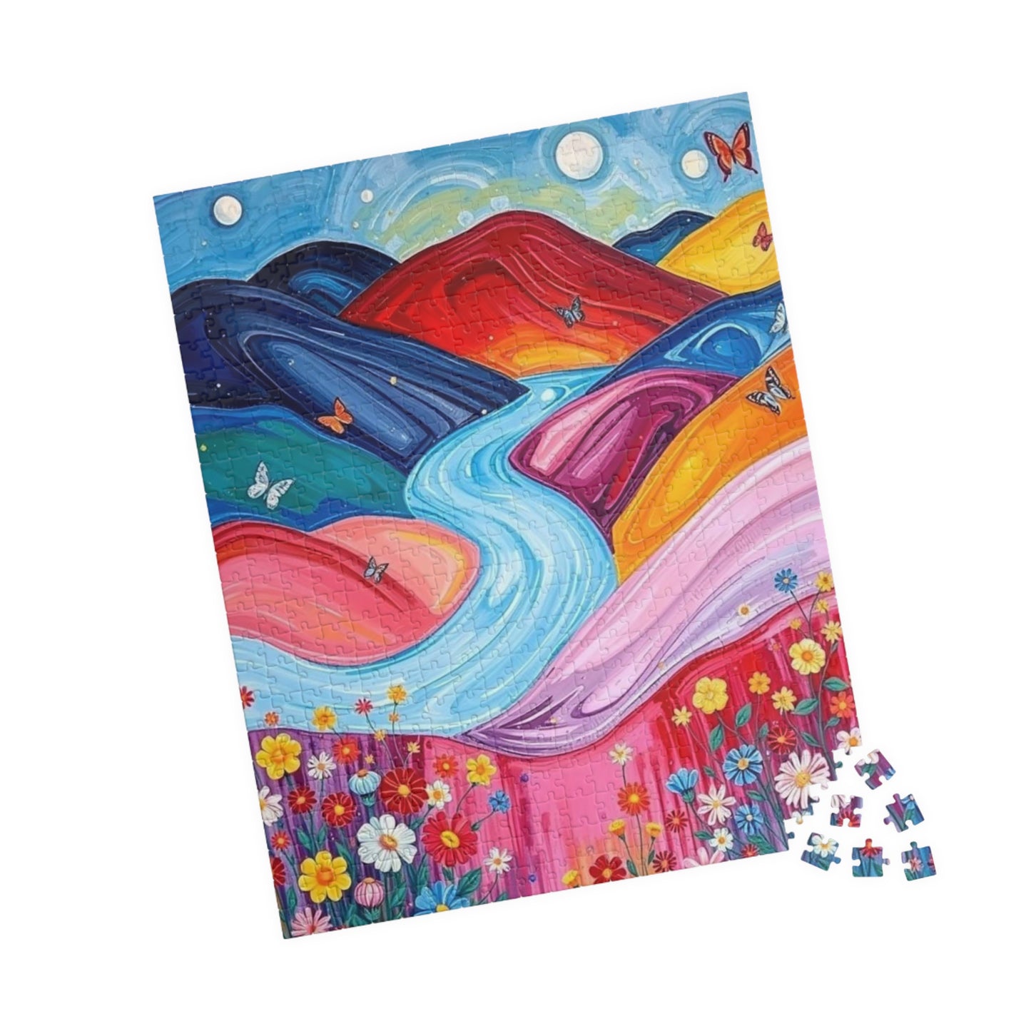 Pastel Petals - River Through Candy Hill Jigsaw Puzzle Colleciton, Beautiful Nature Puzzle, Colorful Landscape Art, Puzzle Lover Gift, Family Fun, 110/252/520/1014 Puzzle The Puzzle Chest