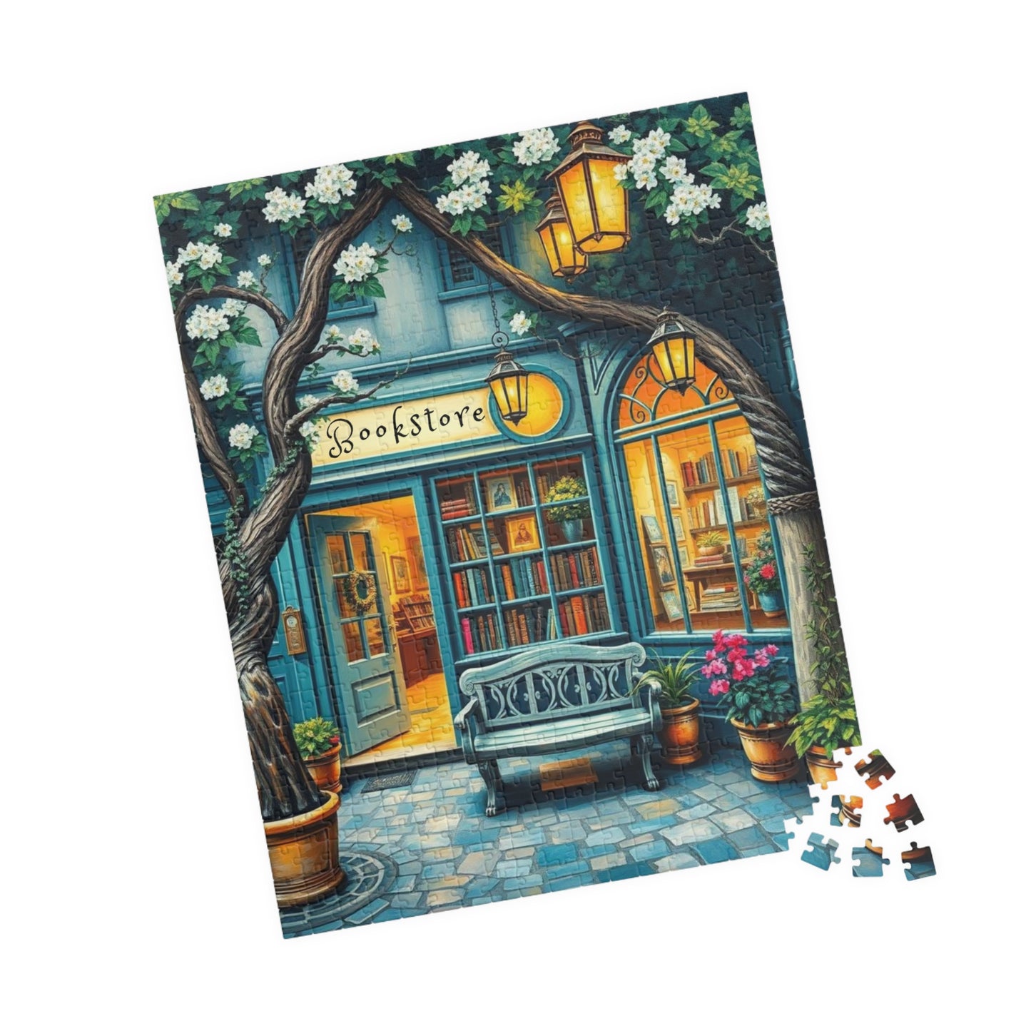 Artistic Bookstore Jigsaw Puzzle – Teal Facade and Garden Bench, Game for Book Lovers 520 pcs (Vertical) Puzzle The Puzzle Chest