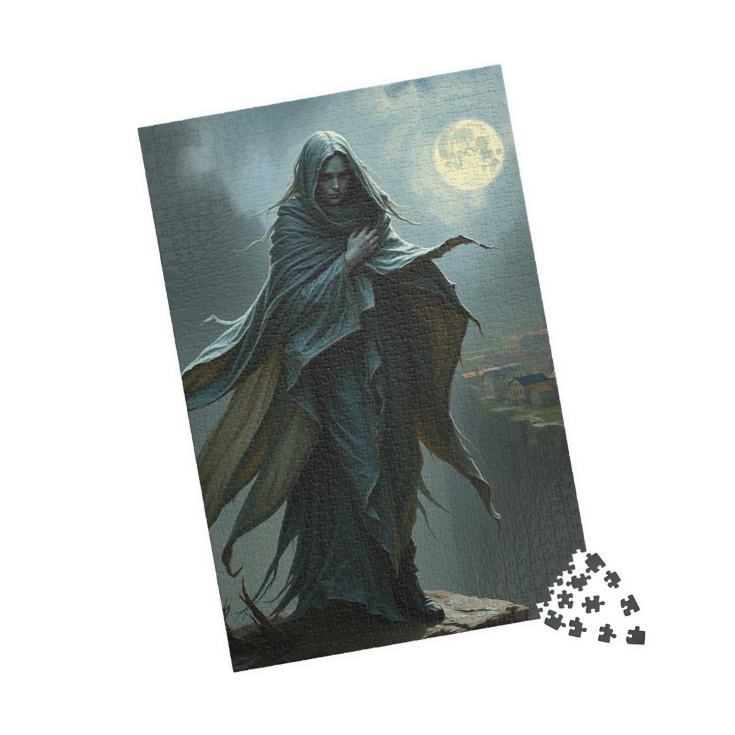 Gothic Puzzle, Banshee Design 110-1014 Piece Jigsaw, Moonlit Village Windswept Cliff Silver Gray Shroud, Unique Gift Idea, Relaxing Activity Puzzle The Puzzle Chest