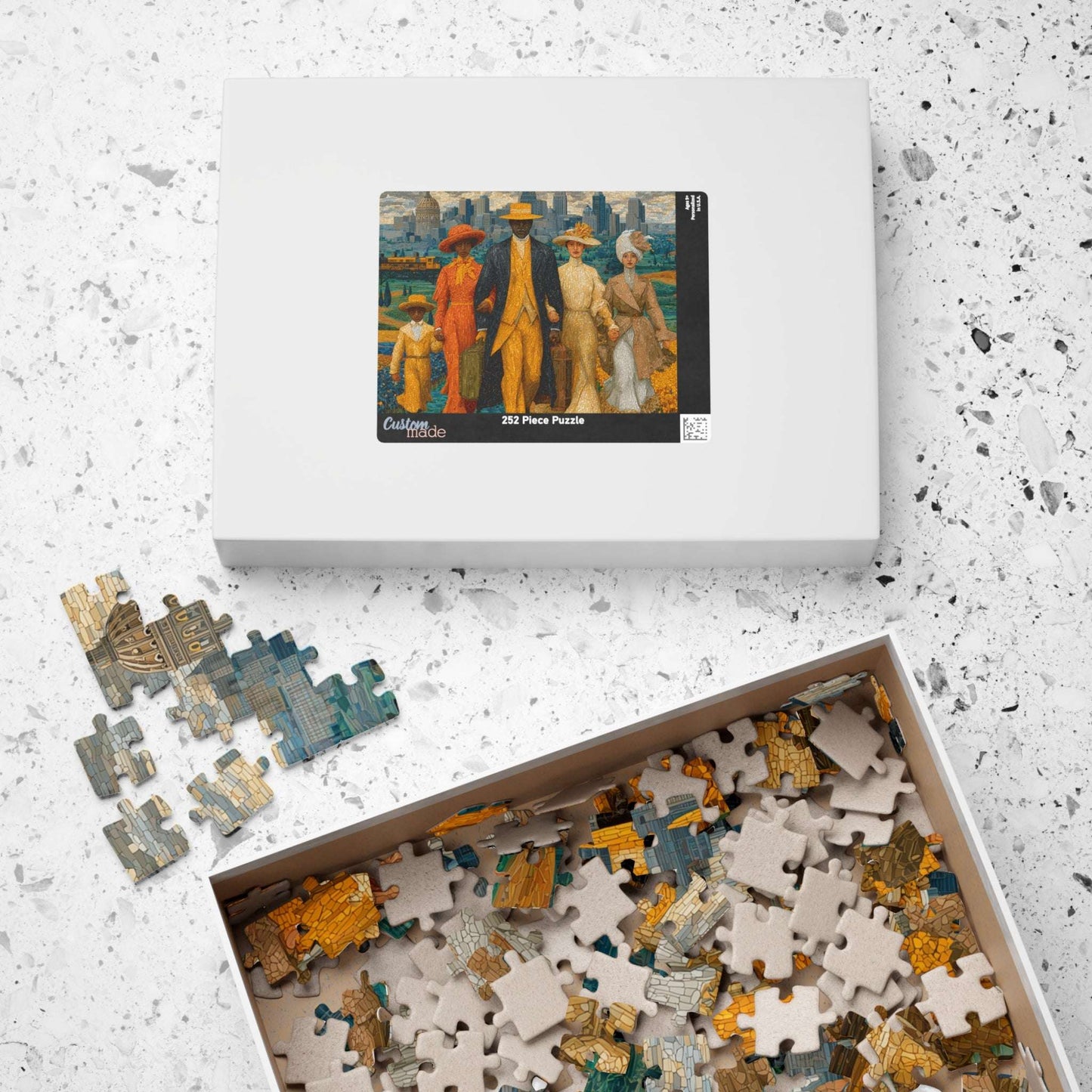 Afrocentric Jigsaw Puzzle - African American Migration Scene with Families, Fields & Urban Background Puzzle The Puzzle Chest