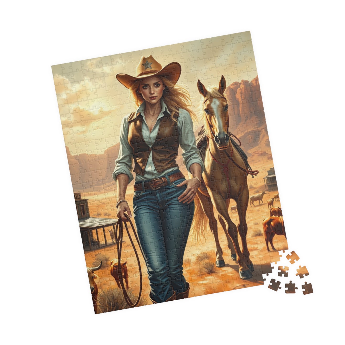 Blonde Cowgirl Puzzle, Palomino Horse Saloon and Grazing Cattle in the Desert, Western Frontier Landscape Jigsaw Game, Puzzle Lover Gift Puzzle The Puzzle Chest