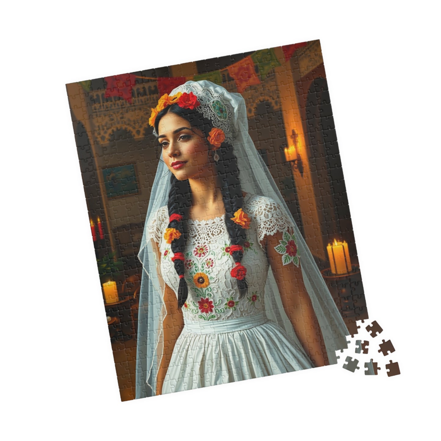 Elegant Mexican Bride Puzzle with Papel Picado Background, Hacienda Courtyard Wedding Jigsaw, Unique Gift for Puzzle Enthusiast Hobbyist Puzzle The Puzzle Chest