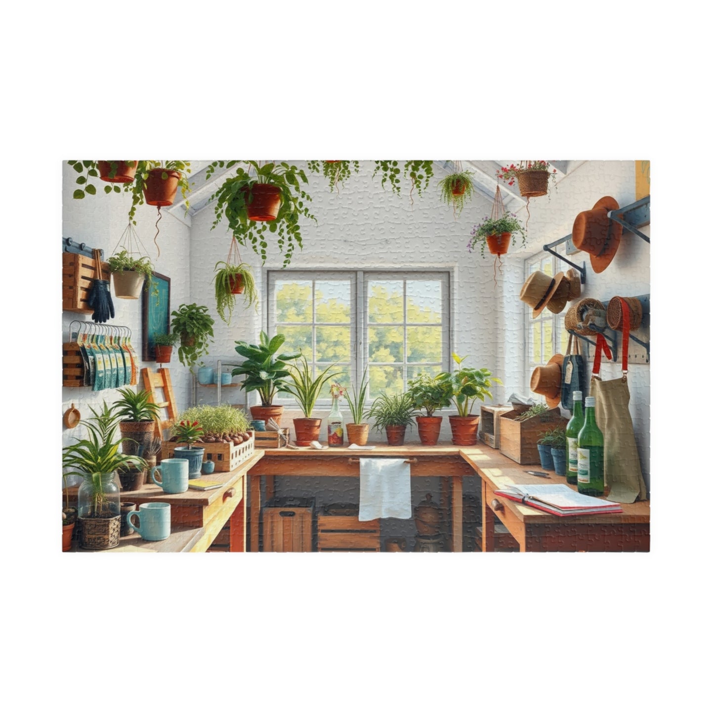 Bright Airy Garden Workshop Puzzle Featuring Wooden Crates, Hanging Plants and Whitewashed Walls, Gardening Lovers Jigsaw Game, Mindful Gift 1014 pcs (Horizontal) Puzzle The Puzzle Chest