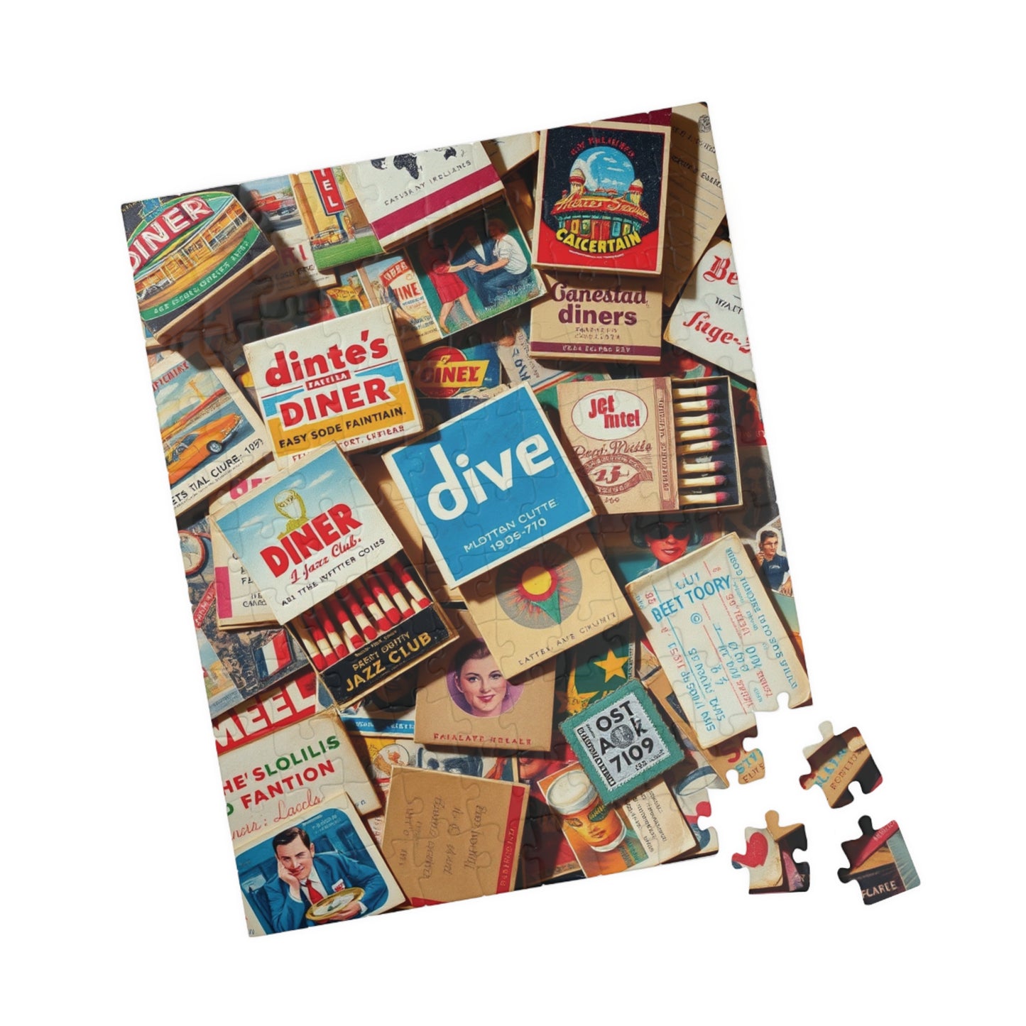 Vintage Matchbook Collage Jigsaw Puzzle, Retro Americana Memorabilia, Old Matchboxes Postcards and Receipts, Mid-Century Diner Motel Designs Puzzle The Puzzle Chest