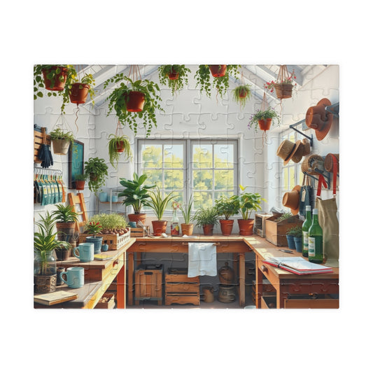 Bright Airy Garden Workshop Puzzle Featuring Wooden Crates, Hanging Plants and Whitewashed Walls, Gardening Lovers Jigsaw Game, Mindful Gift 110 pcs (Horizontal) Puzzle The Puzzle Chest