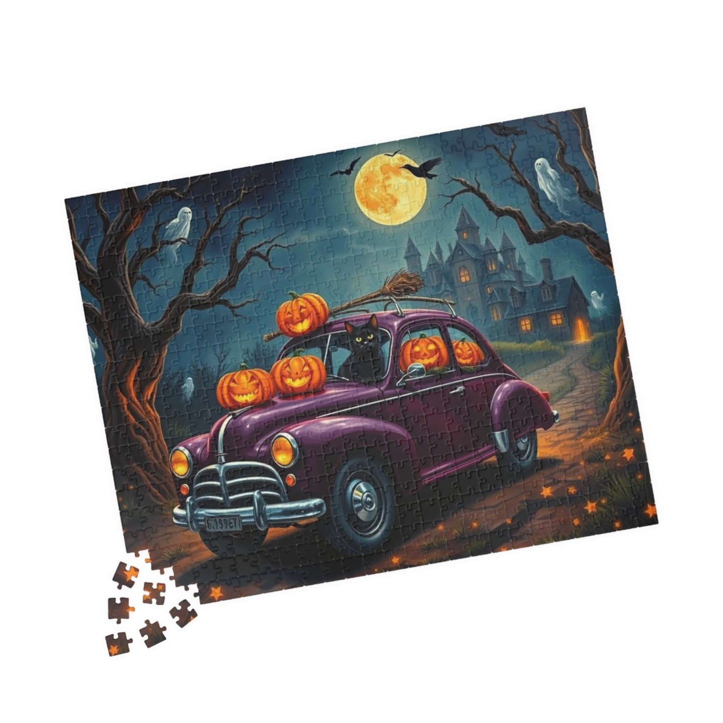 Halloween-Themed Vintage Car Jigsaw Puzzle with Cats, Ghosts and Pumpkins