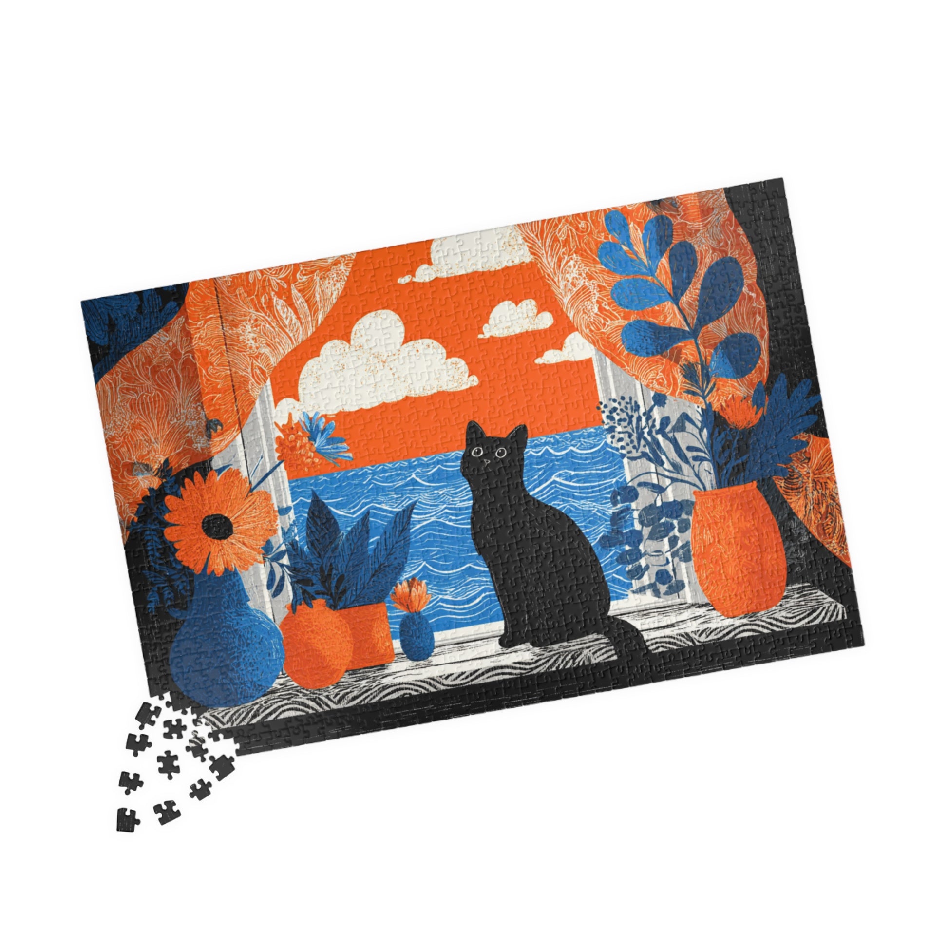 Black Cat by the Open Window – Fauvist Interior Cat Jigsaw Puzzle, Animal Theme Seaside Art Puzzle, Matisse-Inspired 1014 pcs (Horizontal) Puzzle The Puzzle Chest