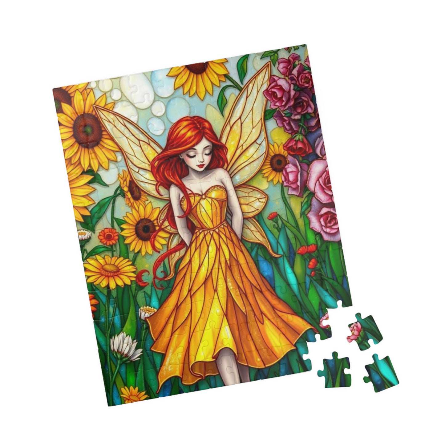 Fairy Sunflower Jigsaw Puzzle - Stained Glass Style, 110/252/520/1014-Piece, Hobby Game, Gift for Fantasy Lover Birthday Holiday