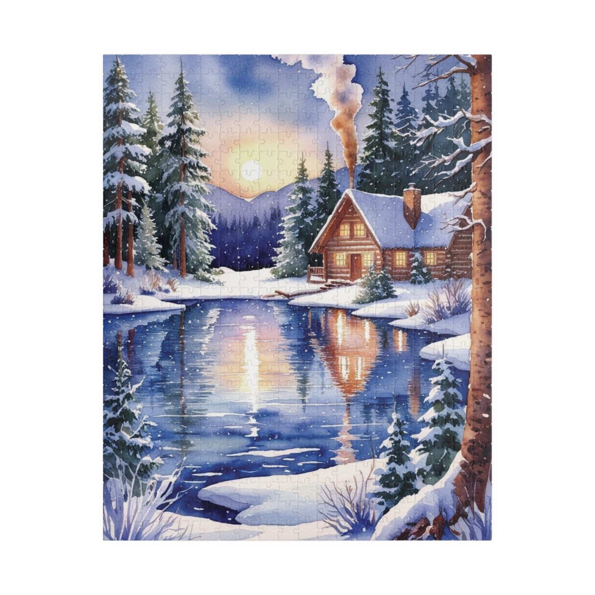 Winter Snowy Landscape Jigsaw Puzzle, Cozy Log Cabin, 110-1014 Piece Puzzle, Watercolor Style, Christmas Gift, Relaxing Activity, Giftable 520 pcs (Vertical) Puzzle The Puzzle Chest