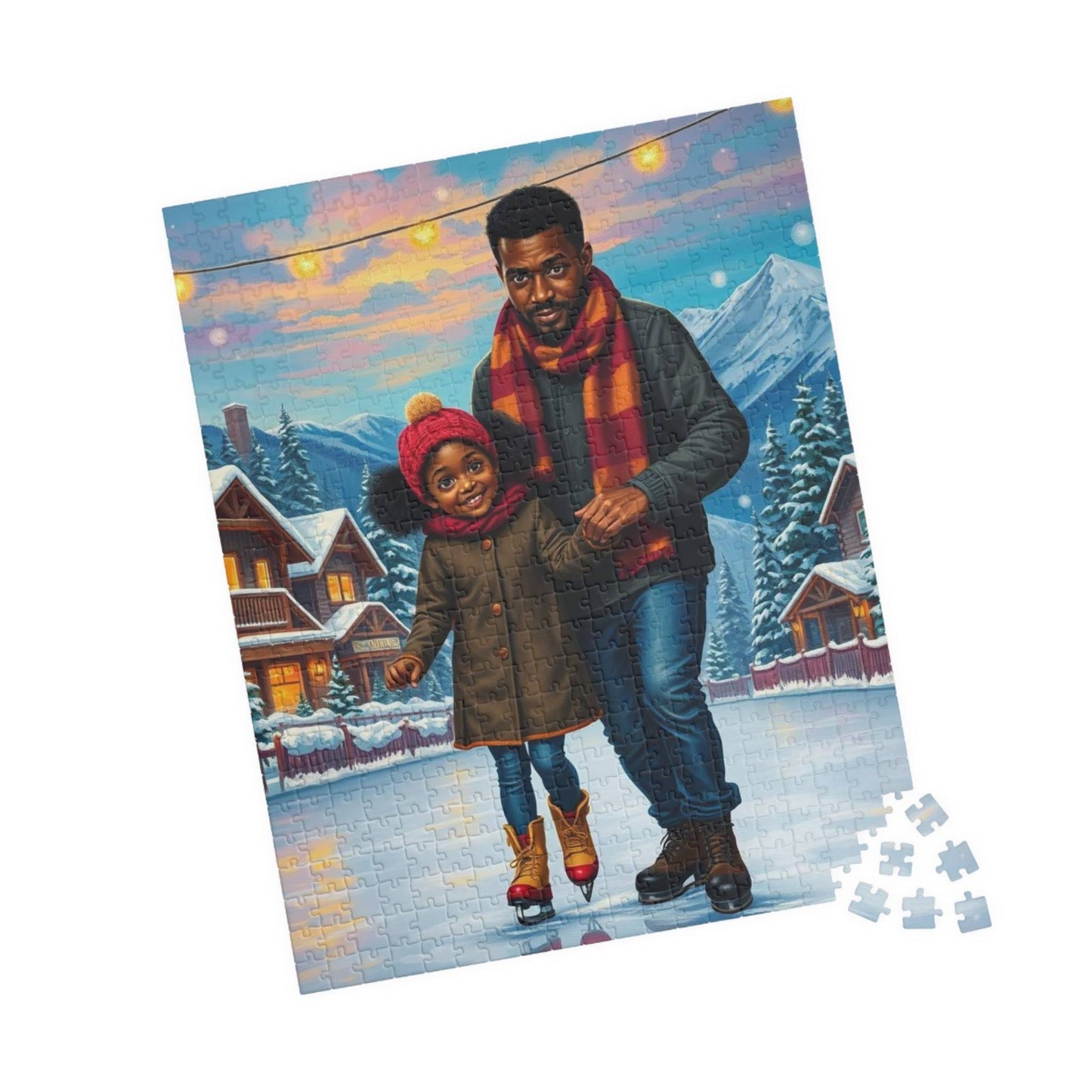 Father and Daughter Ice-skating Trip Jigsaw Puzzle, Afrocentric Artwork, Black Man Art 520 pcs (Vertical) Puzzle The Puzzle Chest