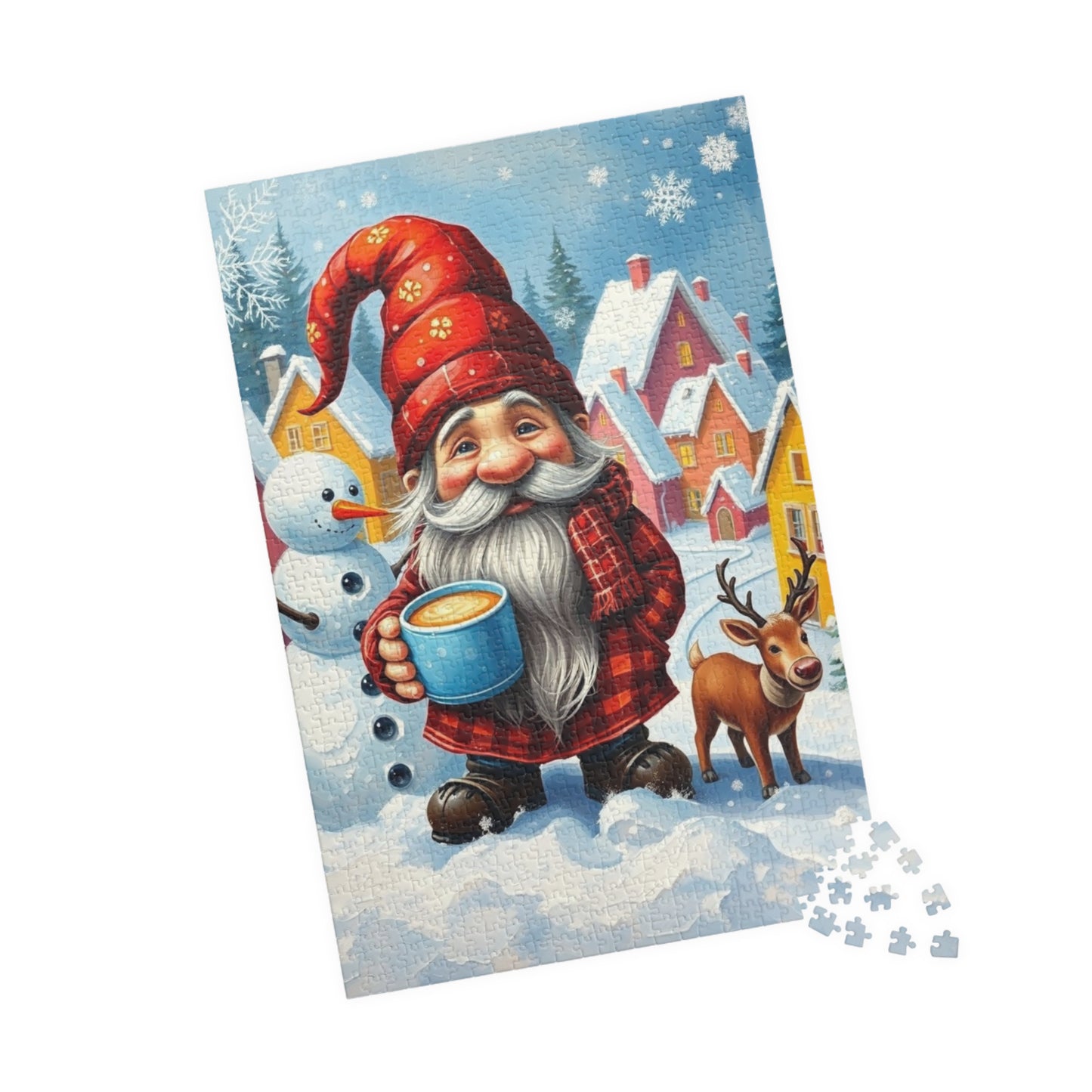 Charming Winter Gnome Puzzle, Reindeer Snowman and Hot Cocoa Holiday Fun, Snowy Village Scene Jigsaw Game, Puzzle Lover Gift, Mindfulness Puzzle The Puzzle Chest