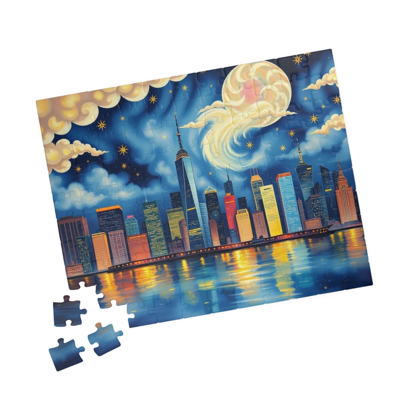 Manhattan City Skyline at Night Jigsaw Puzzle – Urban Landscape Brain Teaser Game for Adults & Teens 110 pcs (Horizontal) Puzzle The Puzzle Chest