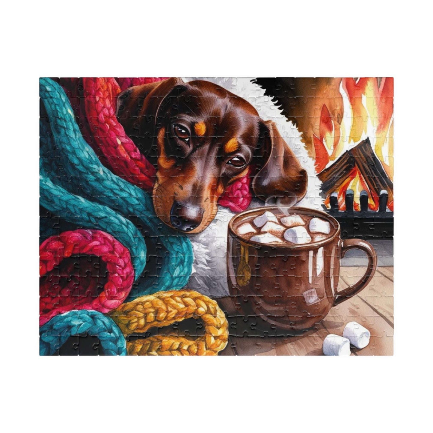 Cozy Winter Dachshund Puzzle - Dog by Fireplace Jigsaw Game, Holiday Family Fun, Mindful Gift for Animal Lovers, Indoor Activity 252 pcs (Horizontal) Puzzle The Puzzle Chest