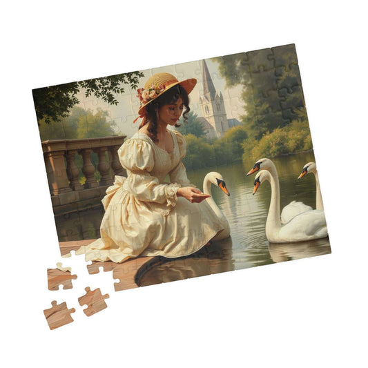 Victorian Lady Feeding Swans by the Pond - Elegant 19th Century Jigsaw Puzzle Scene 110 pcs (Horizontal) Puzzle The Puzzle Chest